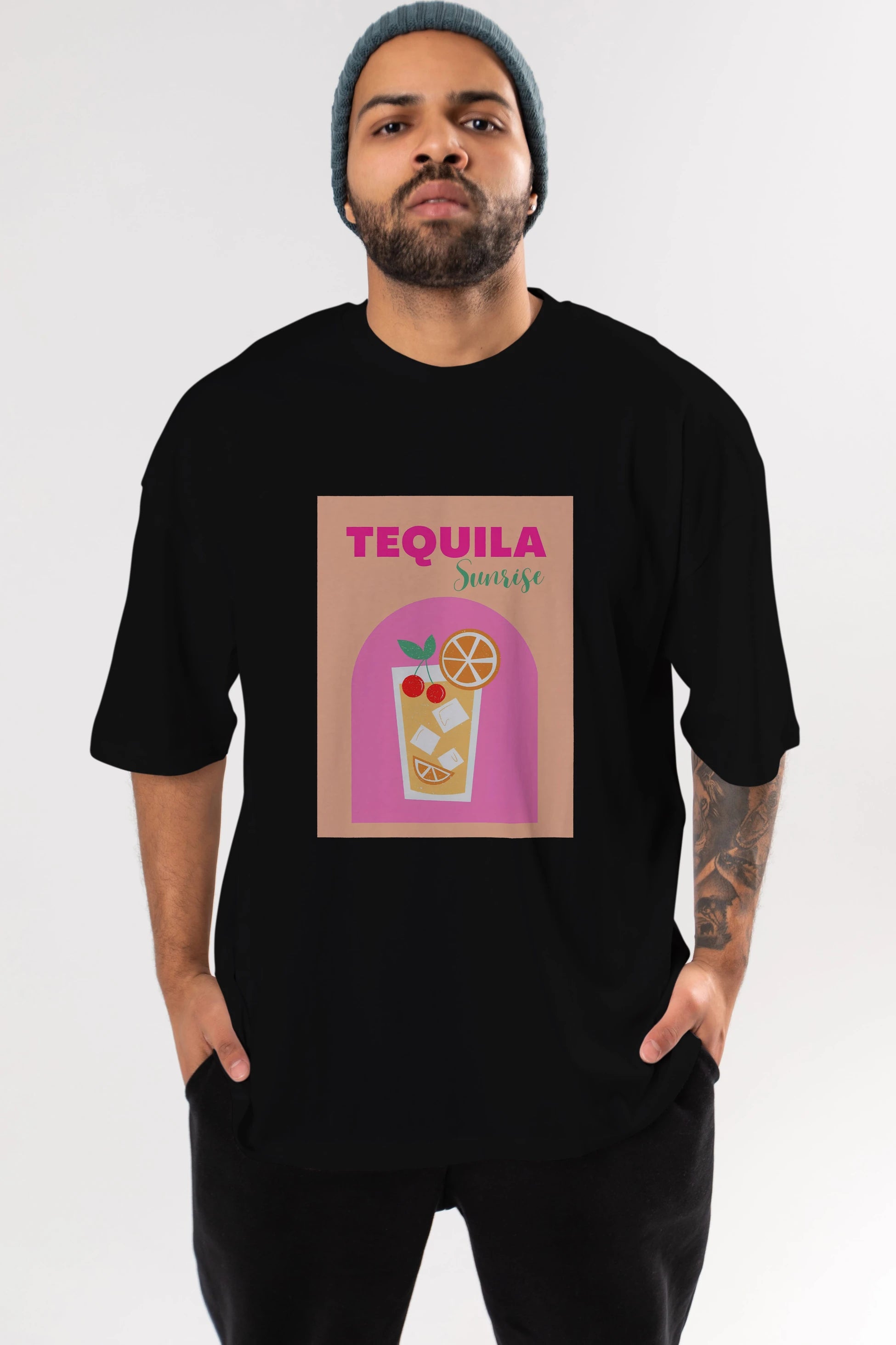 Tequila Sunrise 2 Ön Baskılı Oversize t-shirt Erkek Kadın Unisex %100 Pamuk Bisiklet Yaka tişort
