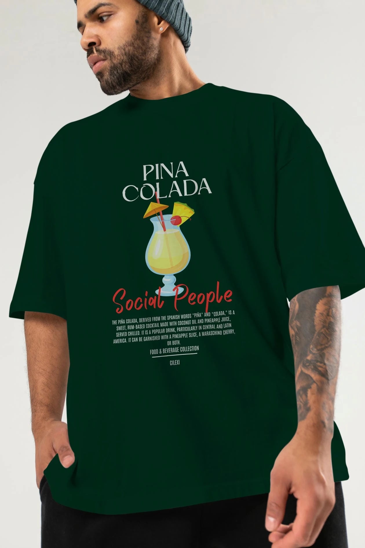 Pına Colada Kokteyl Serisi ön Baskılı Oversize t-shirt Erkek Kadın %100 Pamuk Bisiklet Yaka tişort
