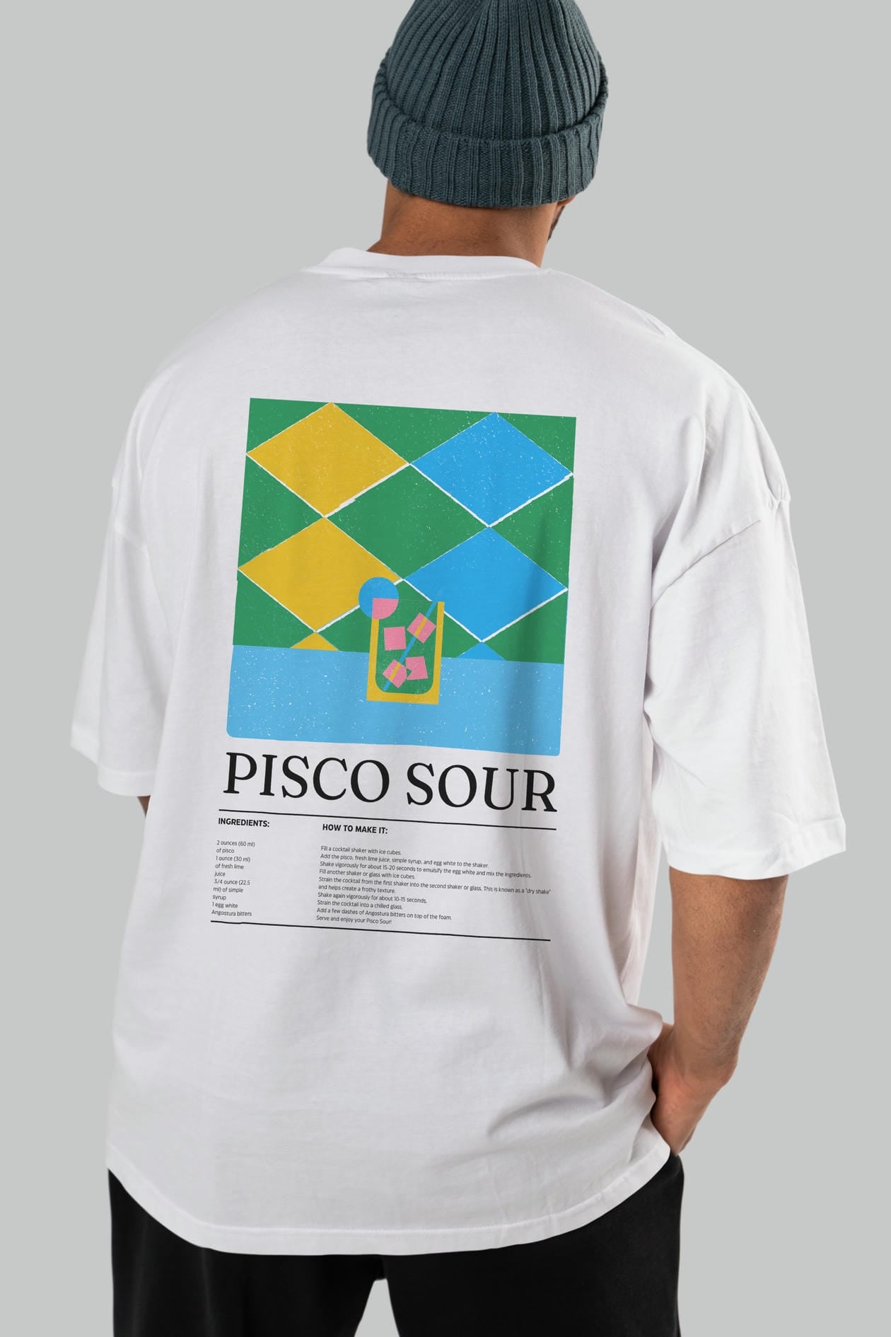Pisco Sour Kokteyl Serisi Arka Baskılı Oversize t-shirt Erkek Kadın %100 Pamuk Bisiklet Yaka tişort