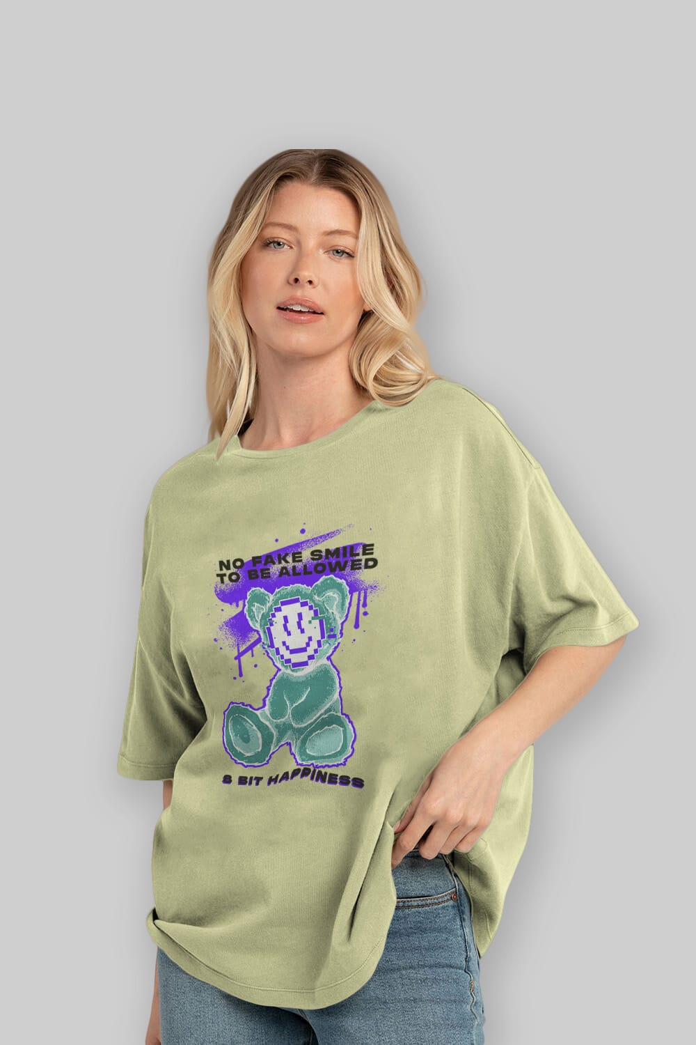 No Fake Smile Bear Ön Baskılı Oversize t-shirt Erkek Kadın Unisex