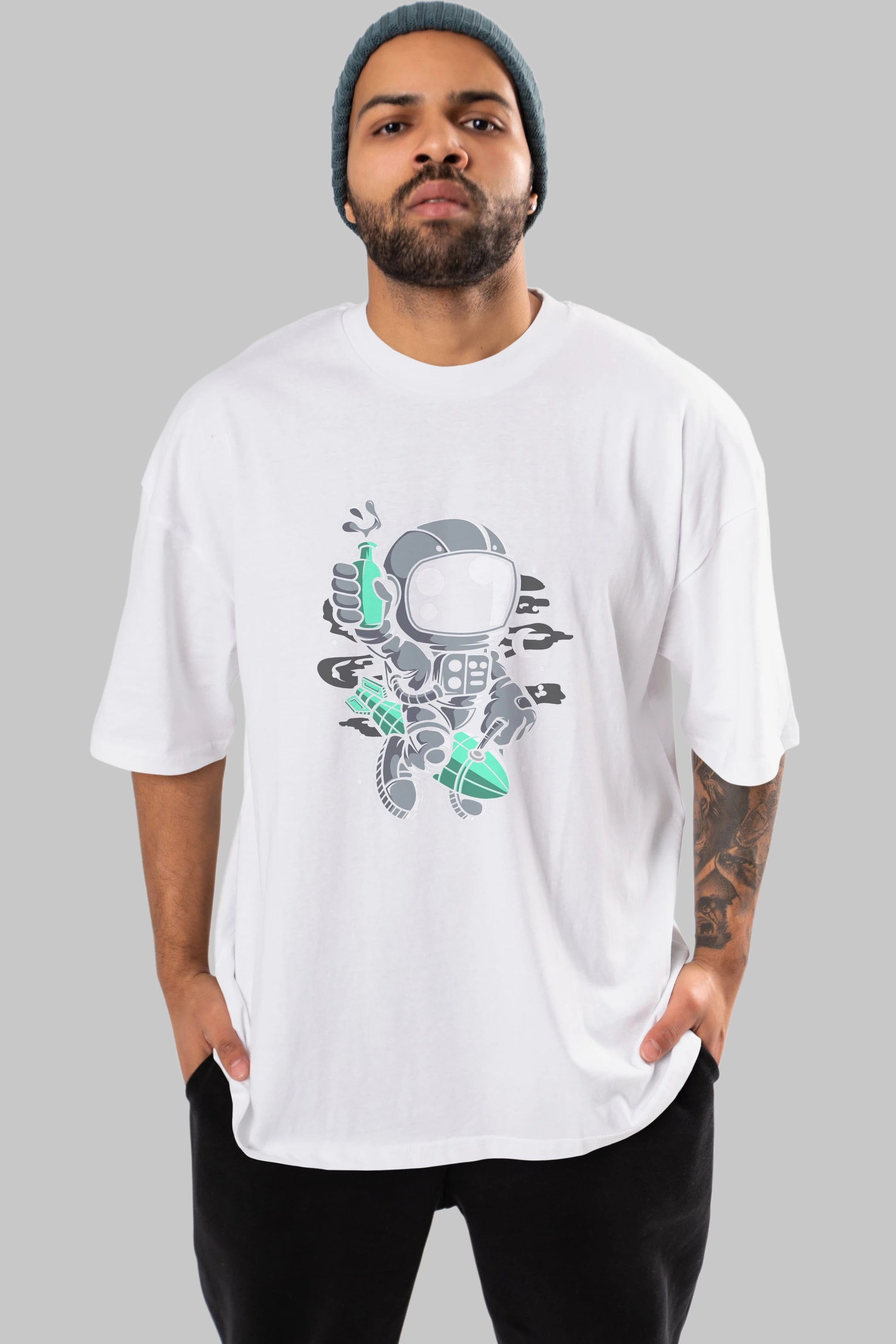 Astronaut Rocket Ön Baskılı Oversize t-shirt Erkek Kadın Unisex