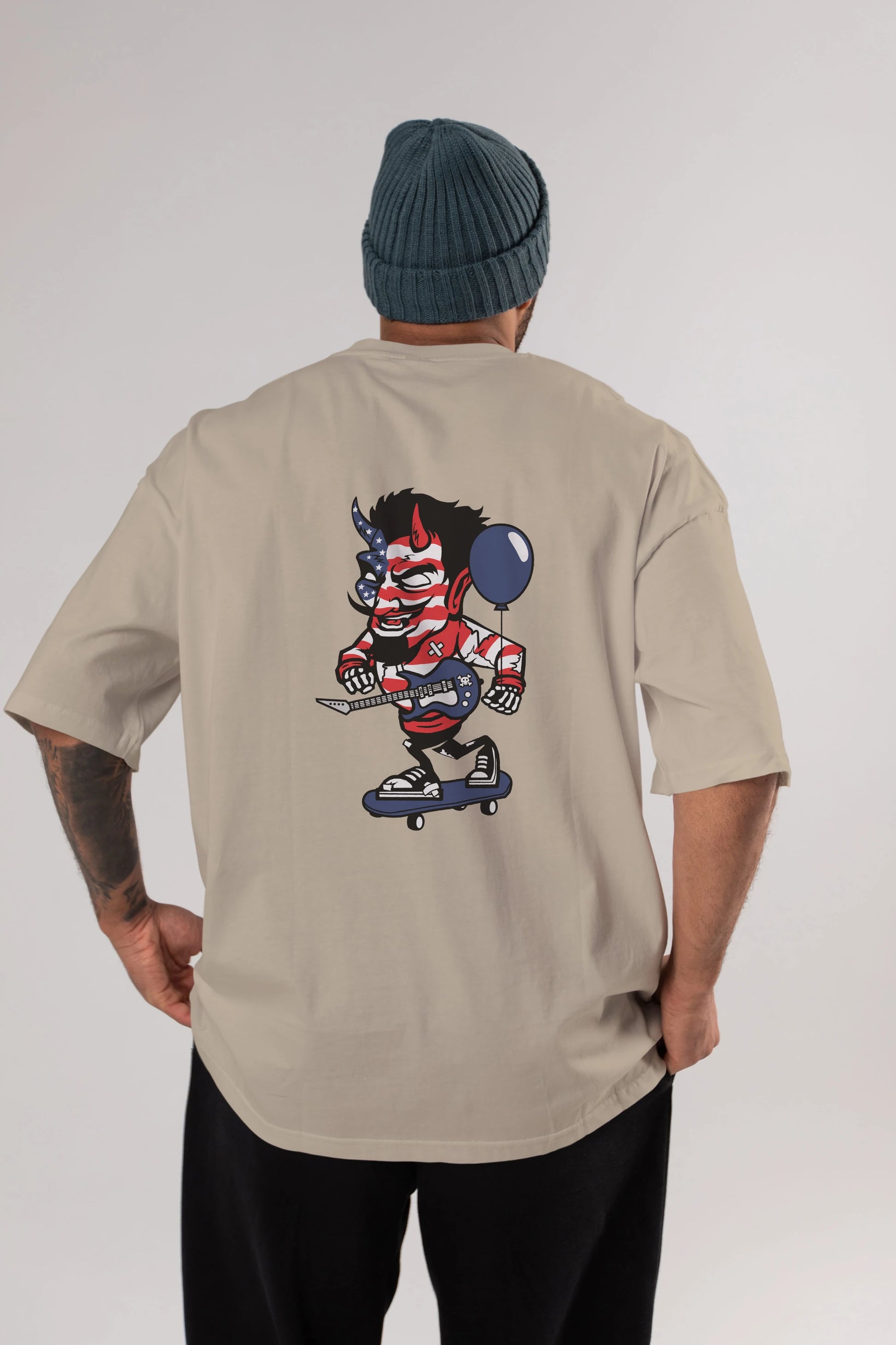 American Devil Skater Arka Baskılı Oversize t-shirt Erkek Kadın Unisex %100 Pamuk tişort