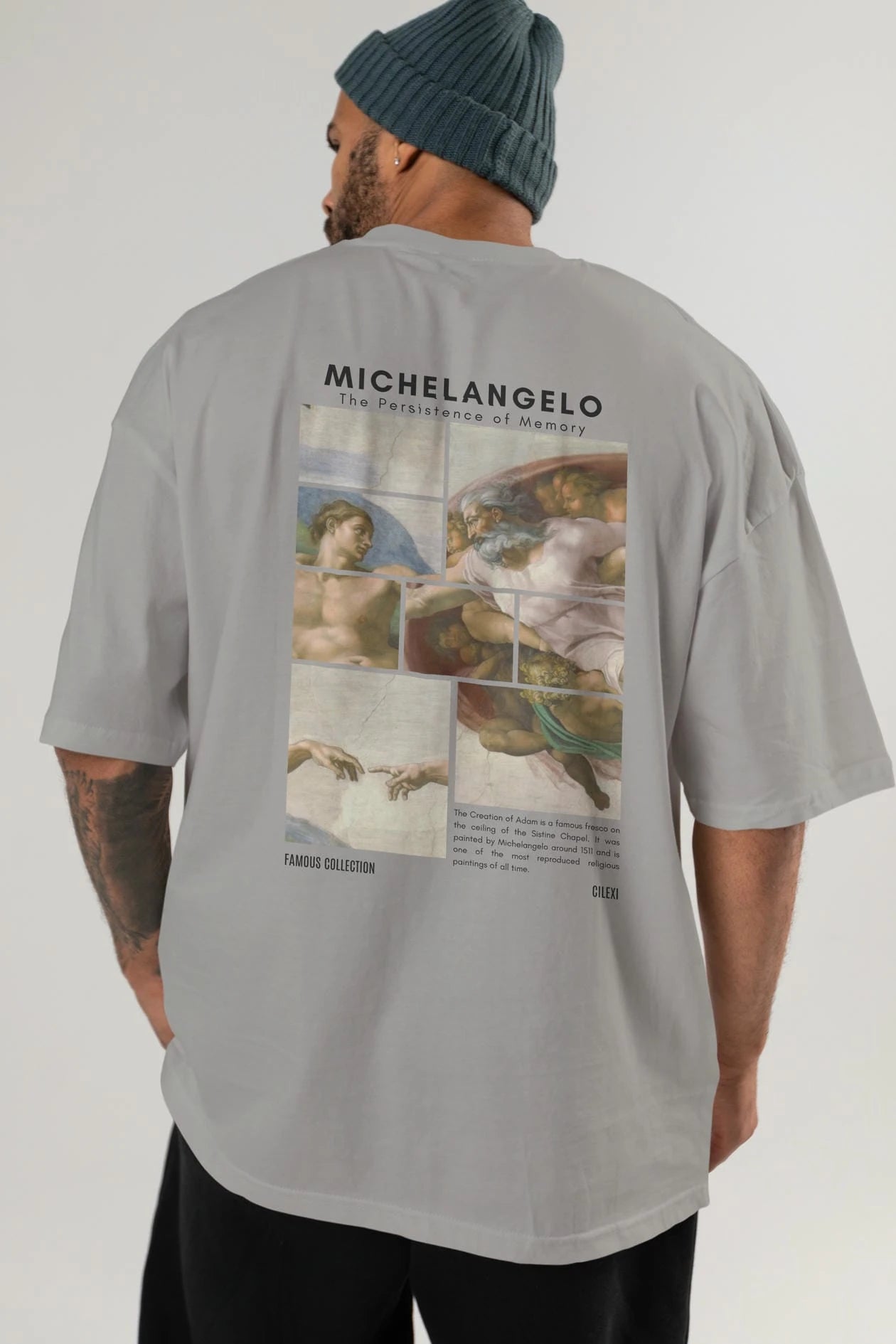 Michelangelo Arka Baskılı Oversize t-shirt Erkek Kadın Bisiklet Yaka Pamuk tişort