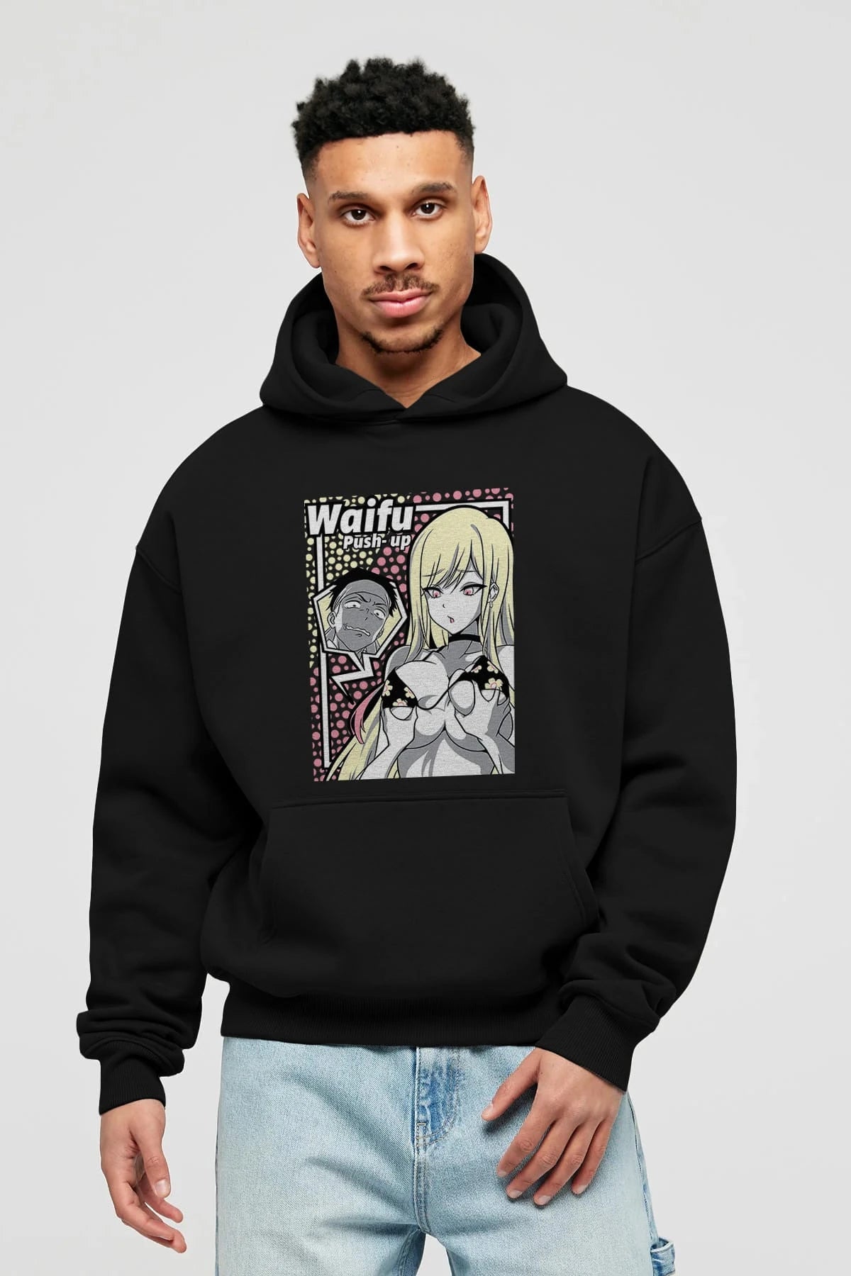 Waifu PushUp Anime Ön Baskılı Hoodie Oversize Kapüşonlu Sweatshirt Erkek Kadın Unisex