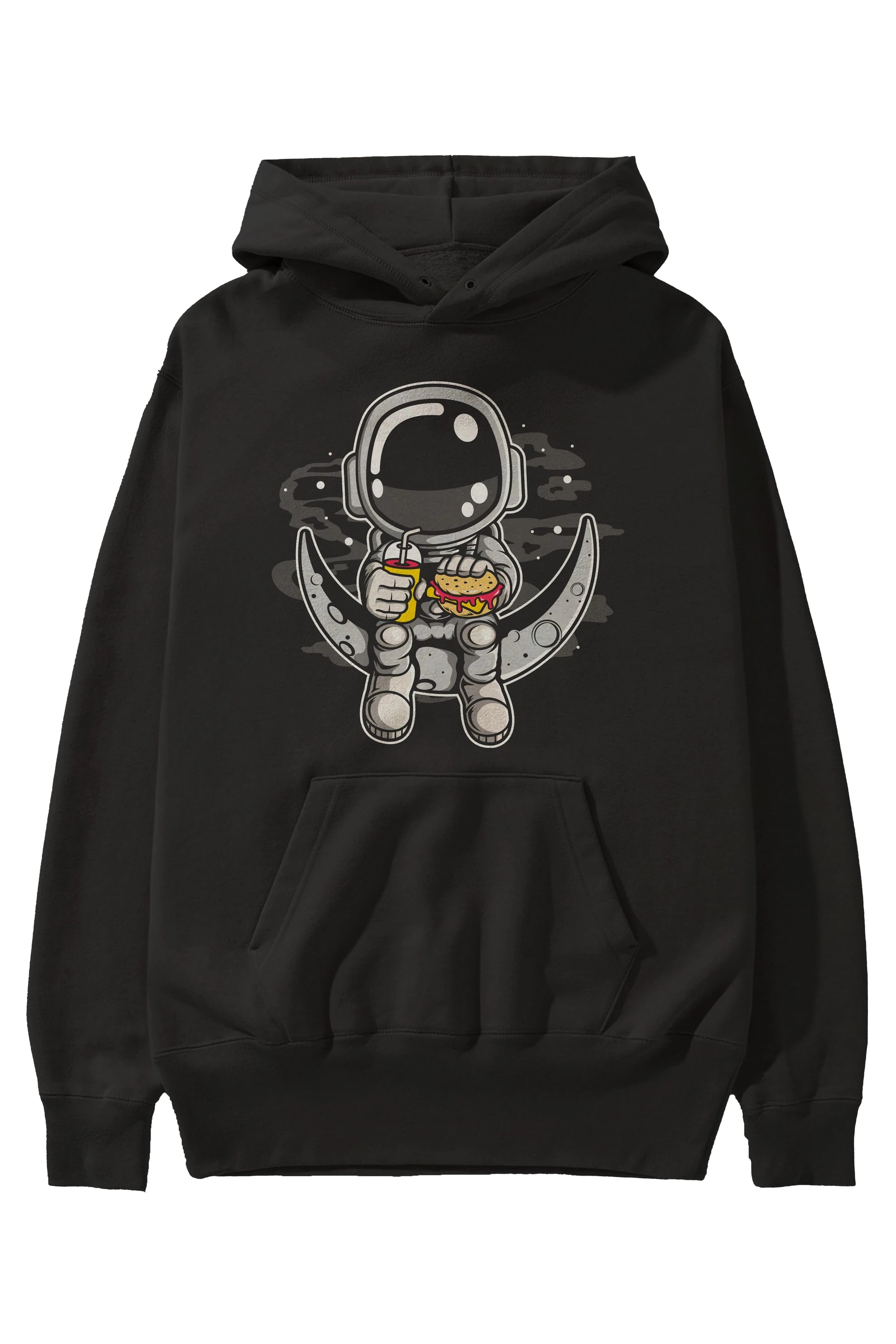 Astronaut Crescent Ön Baskılı Hoodie Oversize Kapüşonlu Sweatshirt Erkek Kadın Unisex