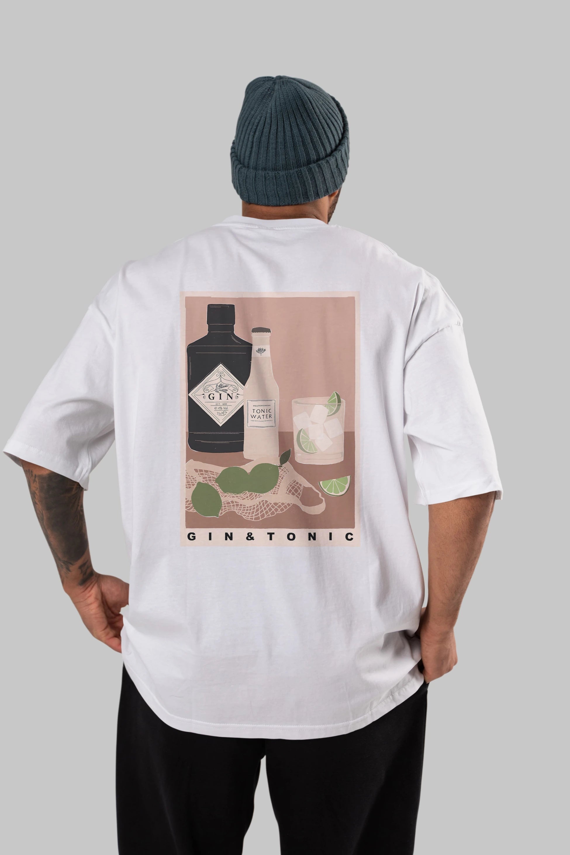 Gin Tonic Arka Baskılı Oversize t-shirt Erkek Kadın Unisex %100 Pamuk Bisiklet Yaka tişort