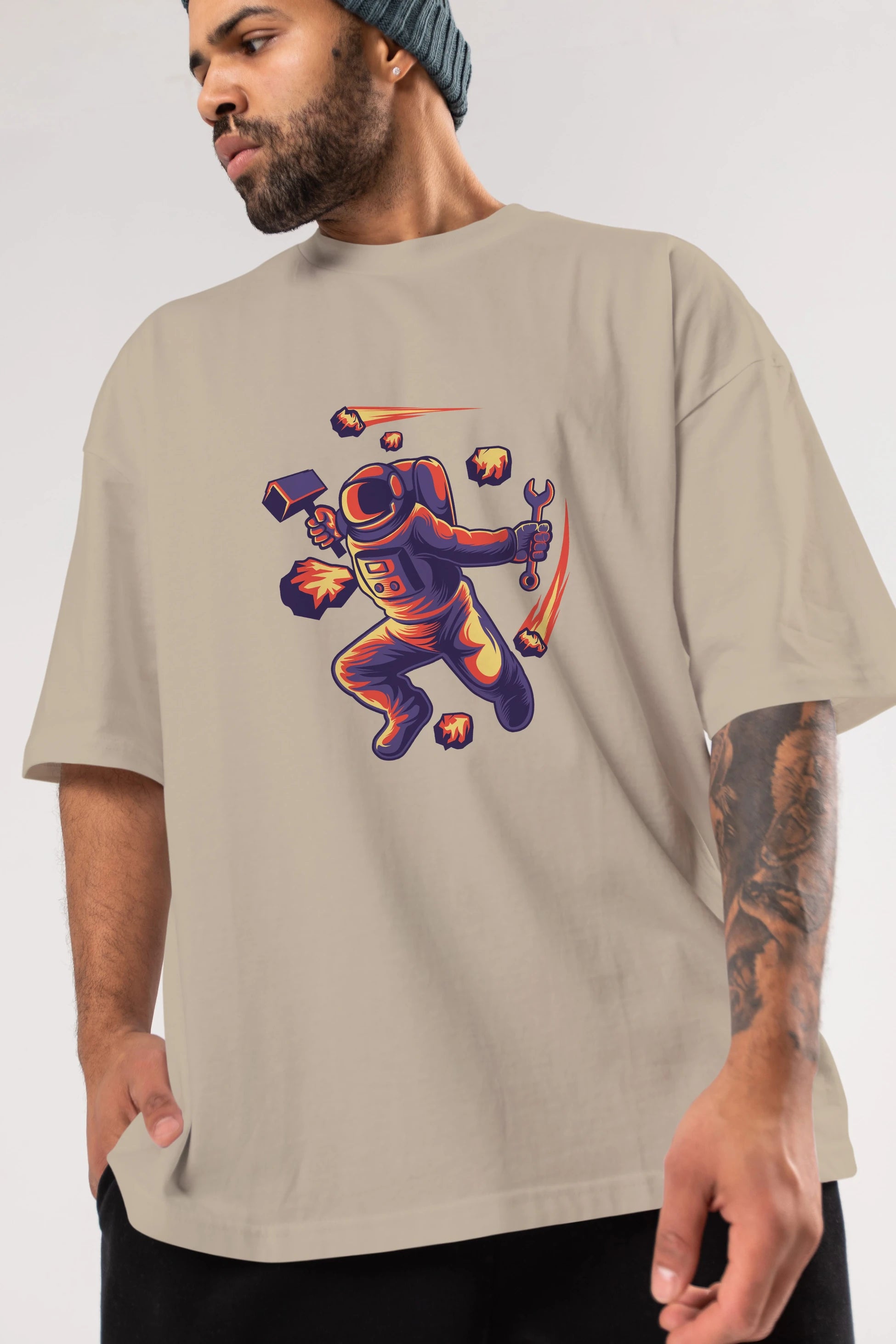Astronaut Block Meteor Ön Baskılı Oversize t-shirt Erkek Kadın Unisex