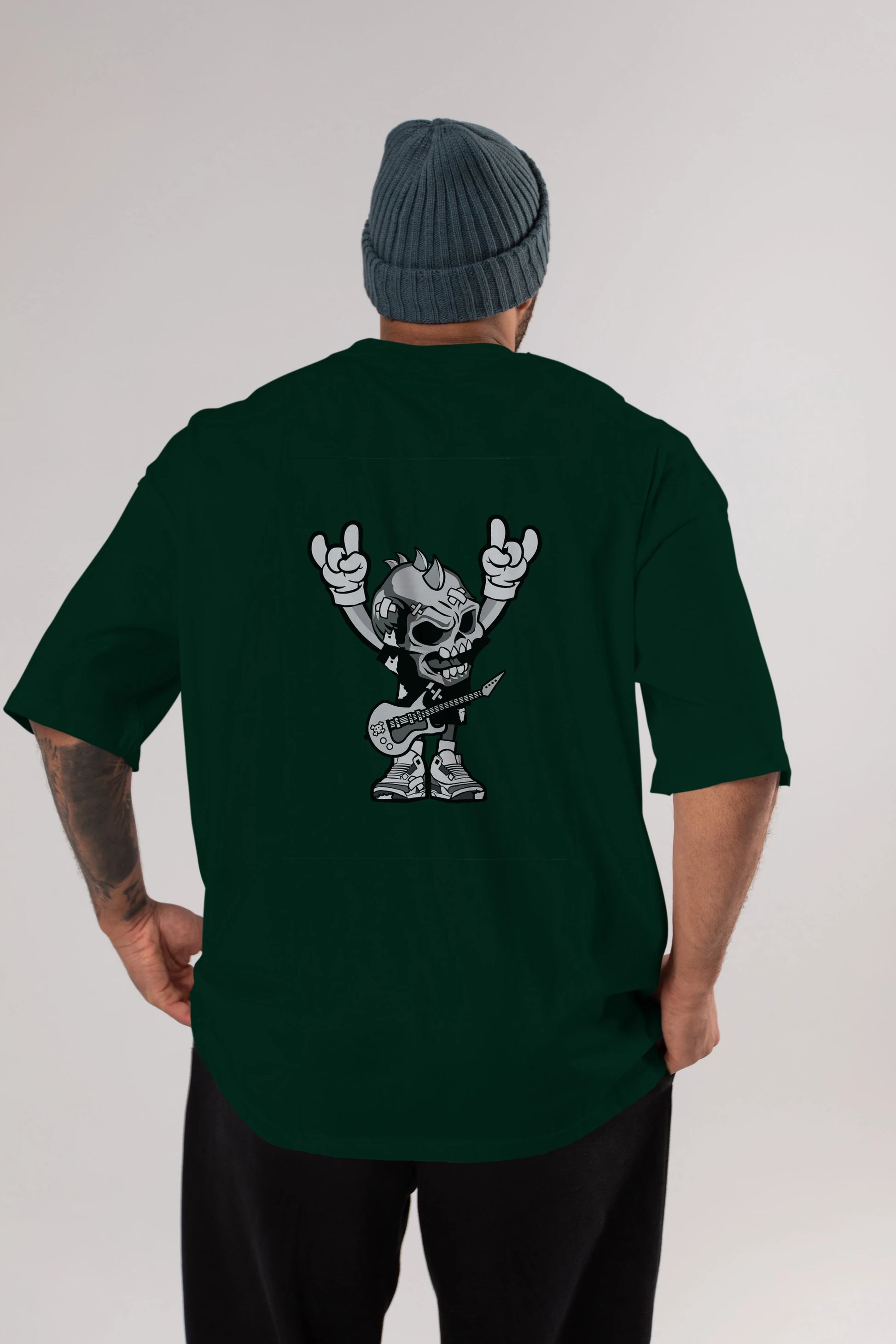 Punk Rock Skull Arka Baskılı Oversize t-shirt Erkek Kadın Unisex %100 Pamuk tişort