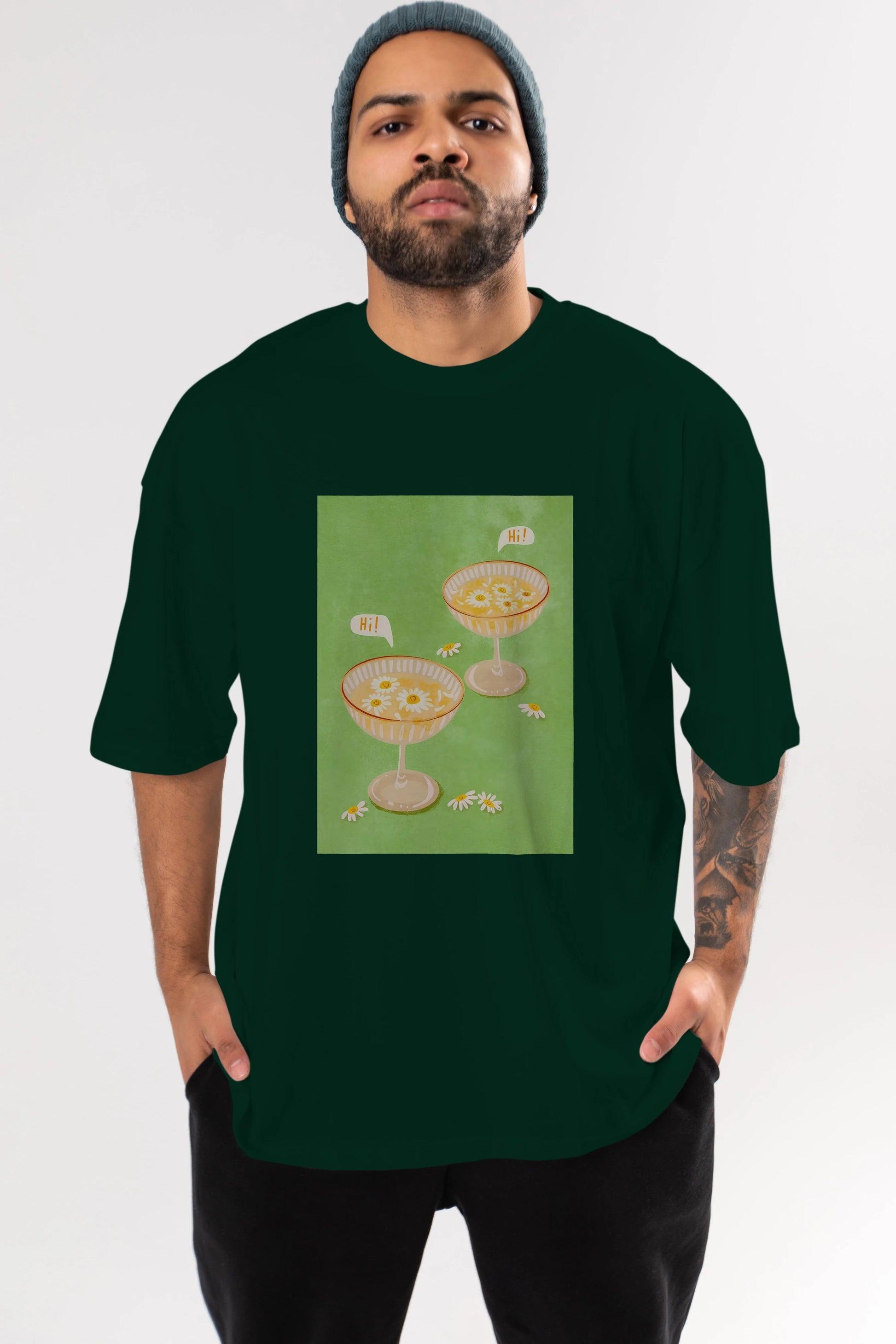 Hi Cheers Ön Baskılı Oversize t-shirt Erkek Kadın Unisex %100 Pamuk Bisiklet Yaka tişort