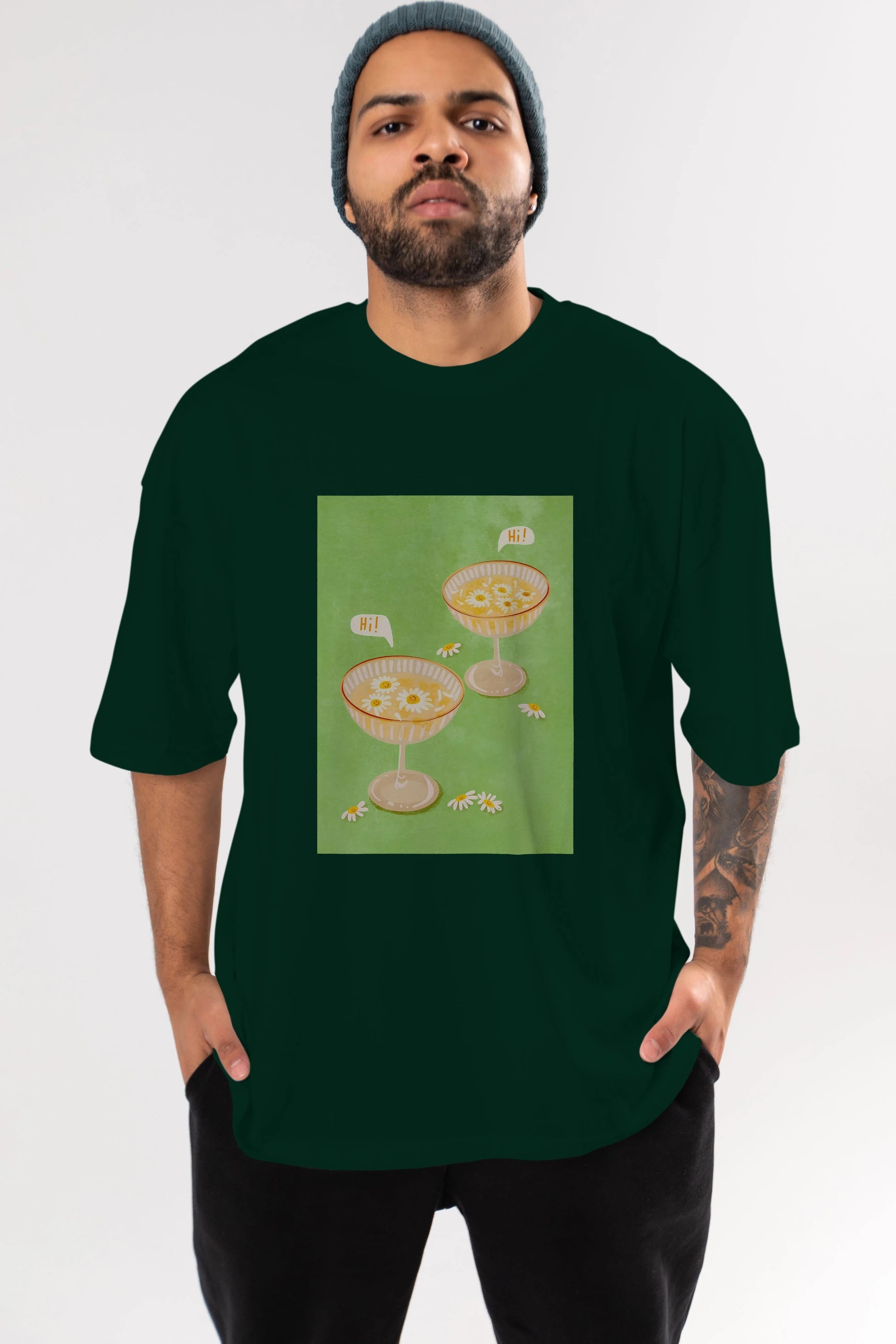 Hi Cheers Ön Baskılı Oversize t-shirt Erkek Kadın Unisex %100 Pamuk Bisiklet Yaka tişort