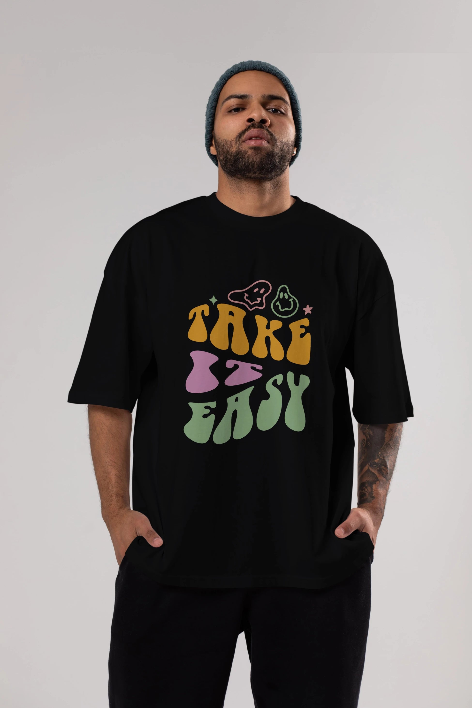 Take it Easy Yazılı Ön Baskılı Oversize t-shirt Erkek Kadın Unisex