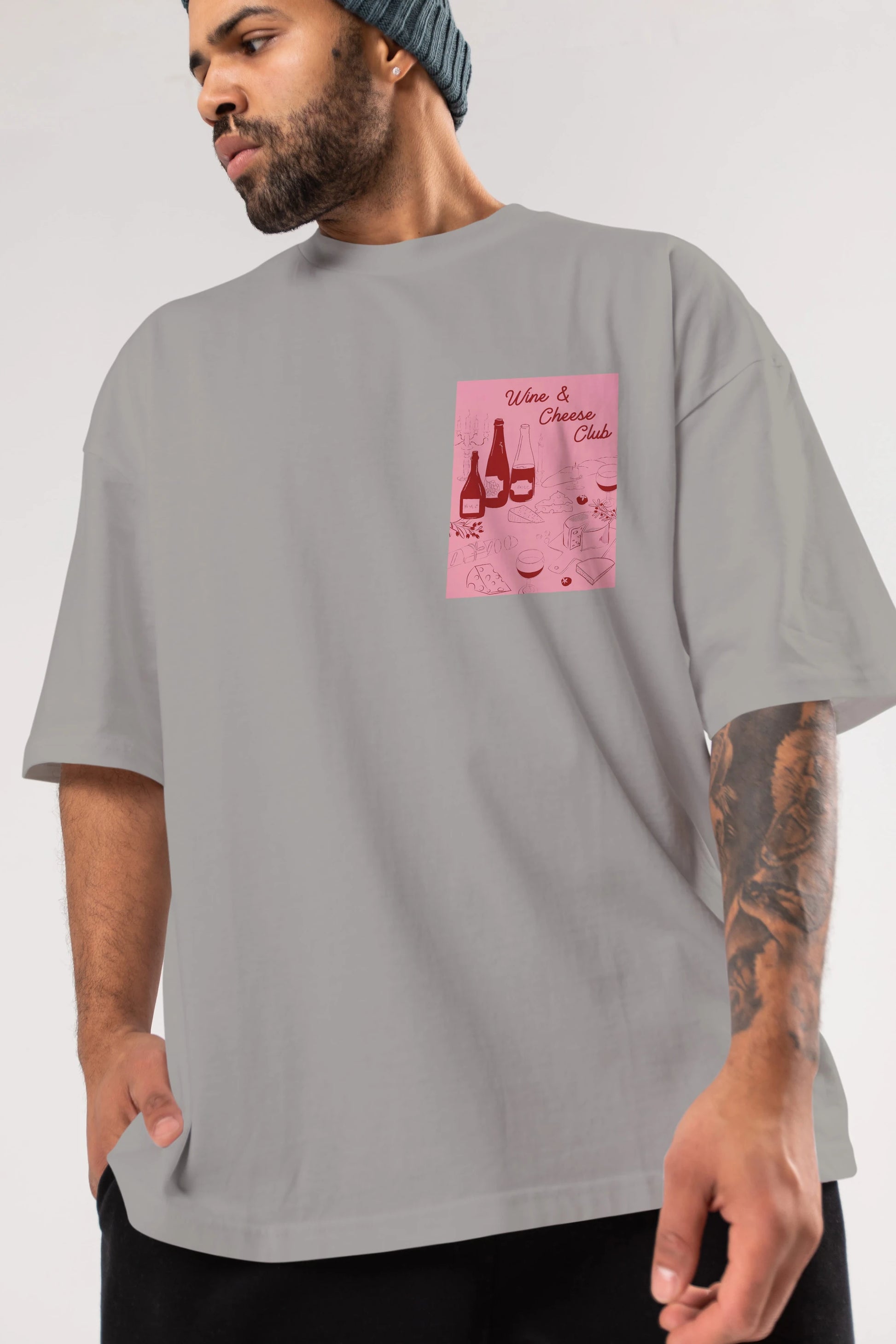 Wine Cheese Club Ön Sol Baskılı Oversize t-shirt Erkek Kadın Unisex %100 Pamuk Bisiklet Yaka tişort