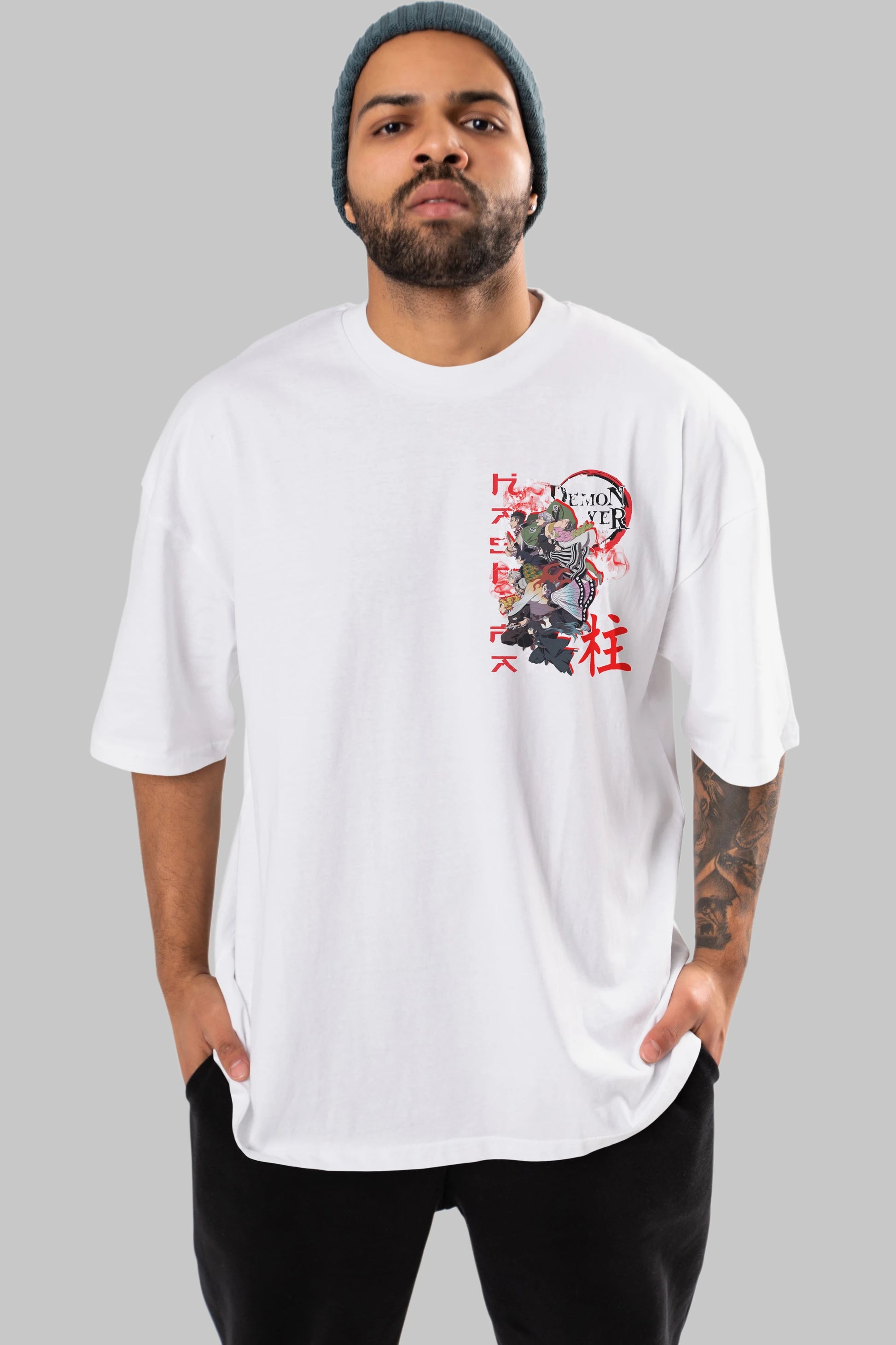 DEMON SLAYER SLAYERS Ön Sol Baskılı Oversize t-shirt Erkek Kadın Unisex %100 Pamuk Bisiklet Yaka tişort