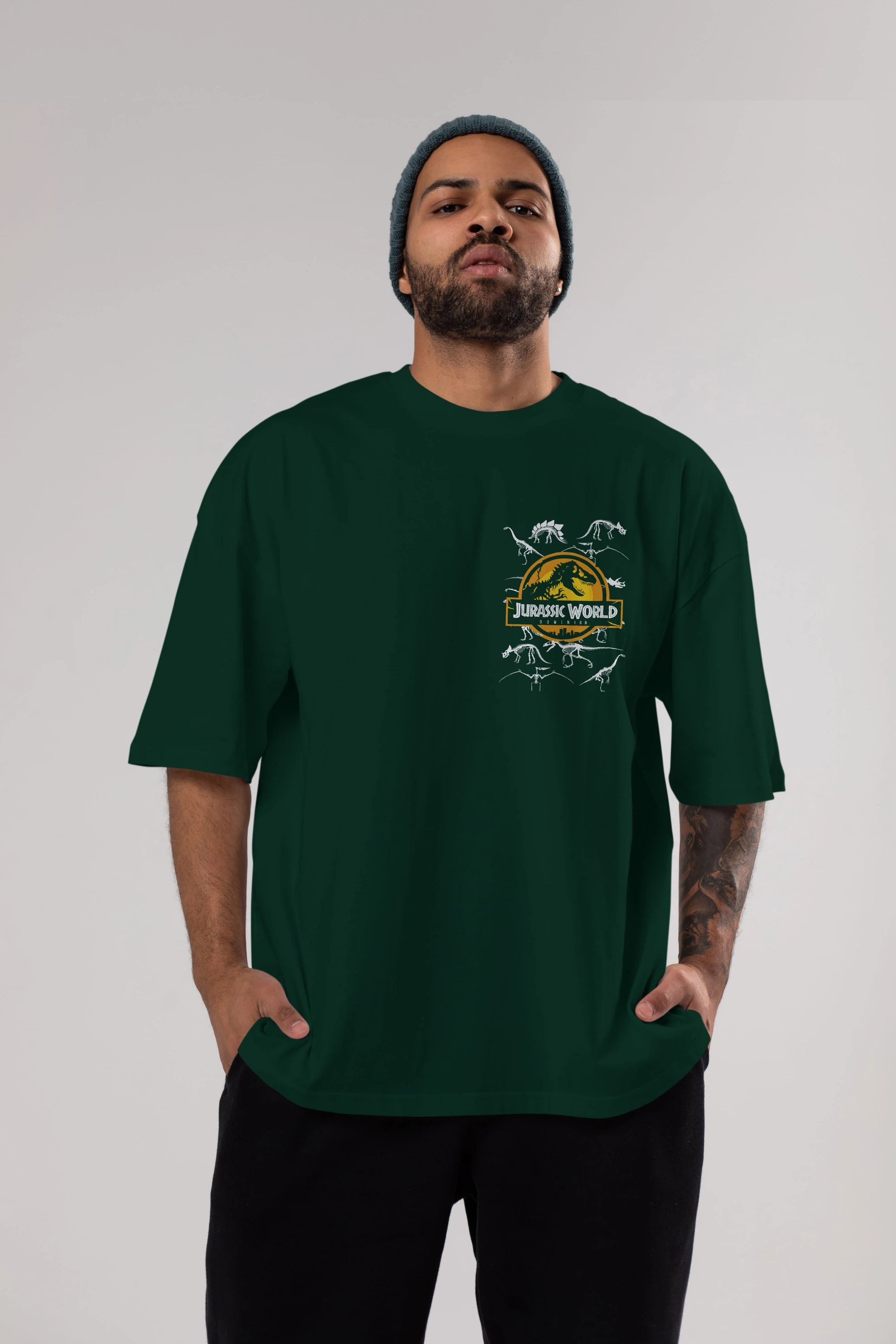 Jurassic Park (5) Ön Sol Baskılı Oversize t-shirt Erkek Kadın Unisex %100 Pamuk Bisiklet Yaka tişort