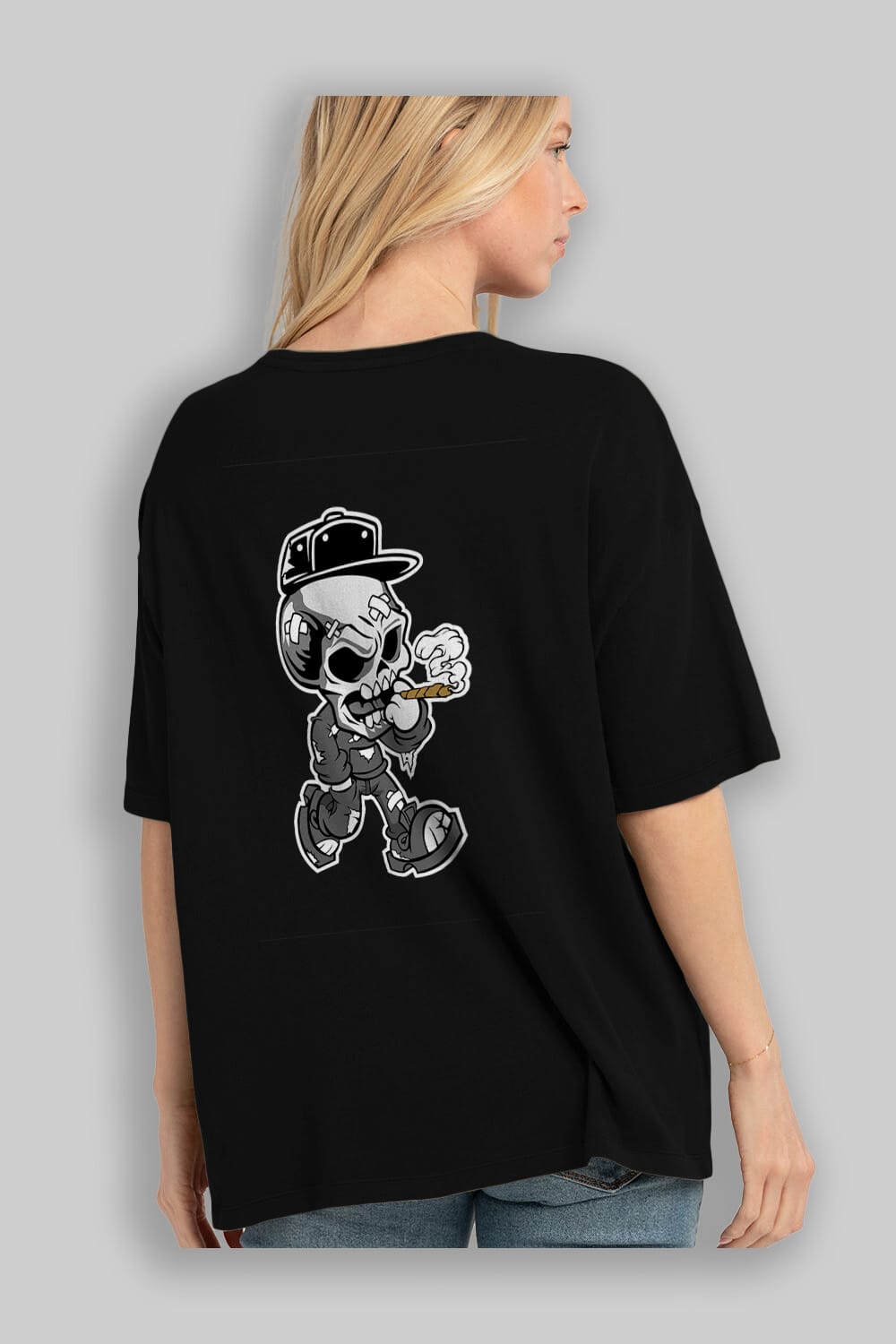 Skull Smoker Arka Baskılı Oversize t-shirt Erkek Kadın Unisex %100 Pamuk tişort