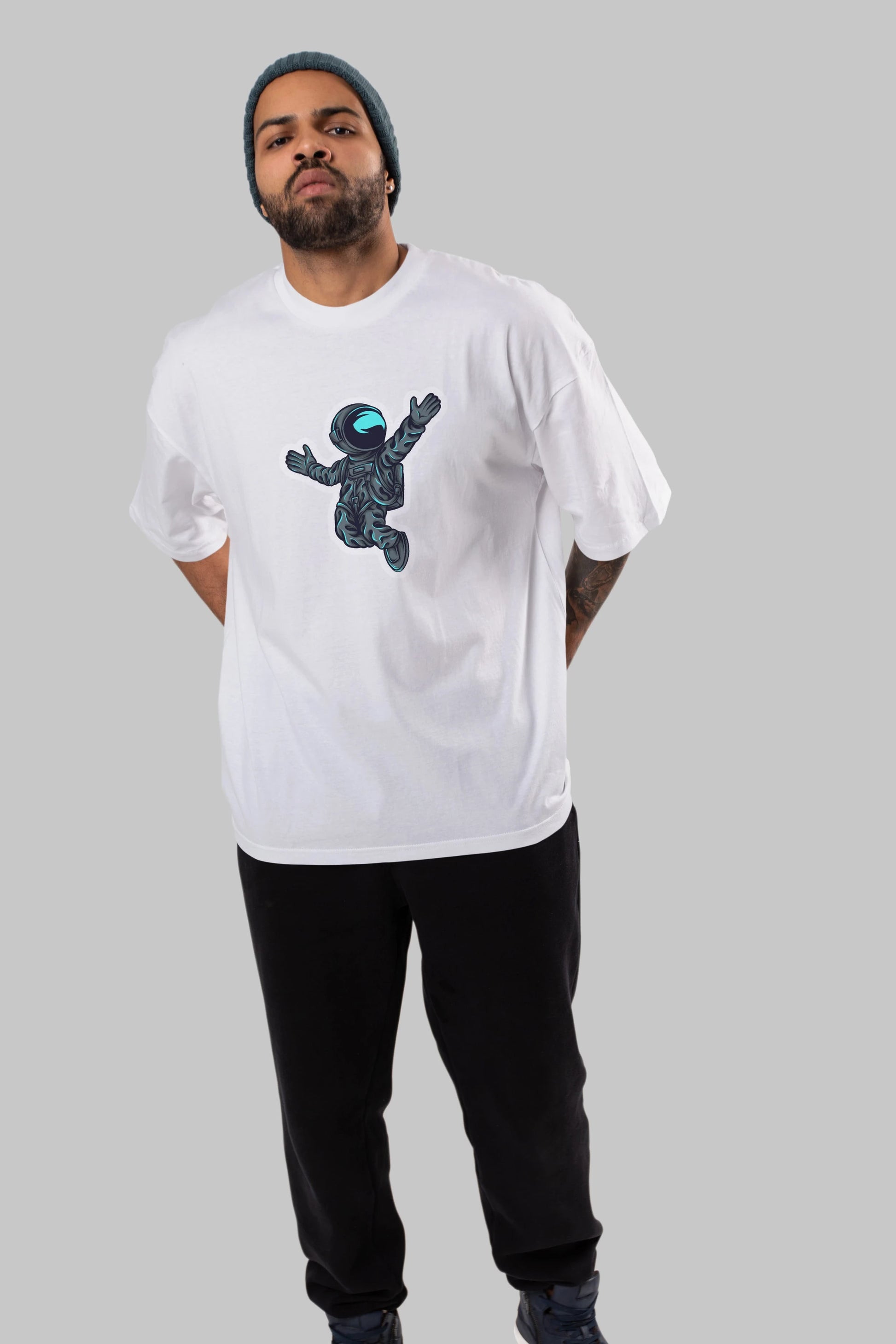 Happy Astronaut Sticker Ön Baskılı Oversize t-shirt Erkek Kadın Unisex