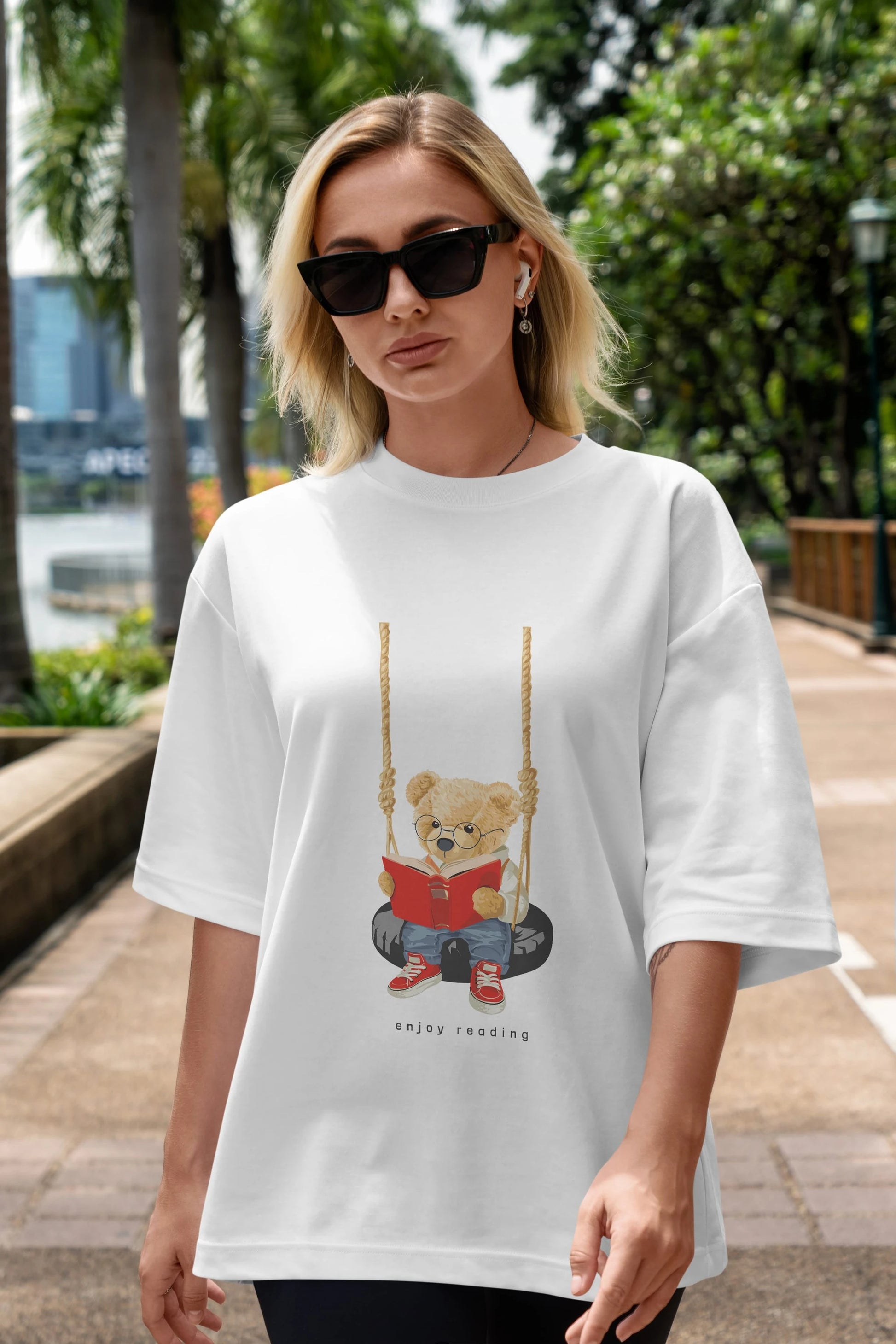 Teddy Bear Enjoy Reading Ön Baskılı Oversize t-shirt Erkek Kadın Unisex %100 Pamuk