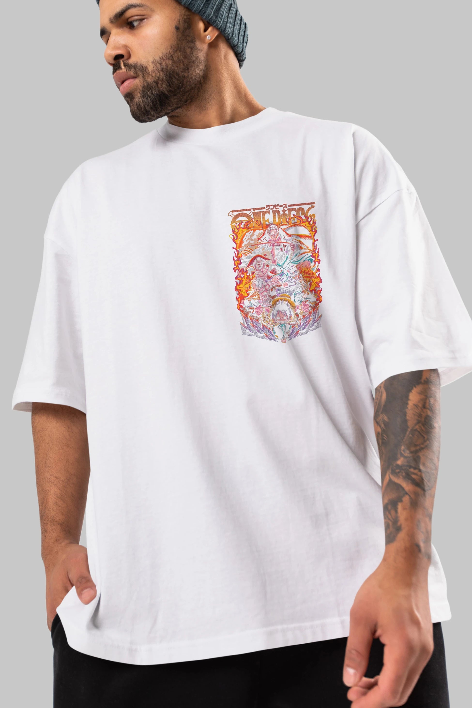 ONE PIECE (3) Ön Sol Baskılı Oversize t-shirt Erkek Kadın Unisex %100 Pamuk Bisiklet Yaka tişort