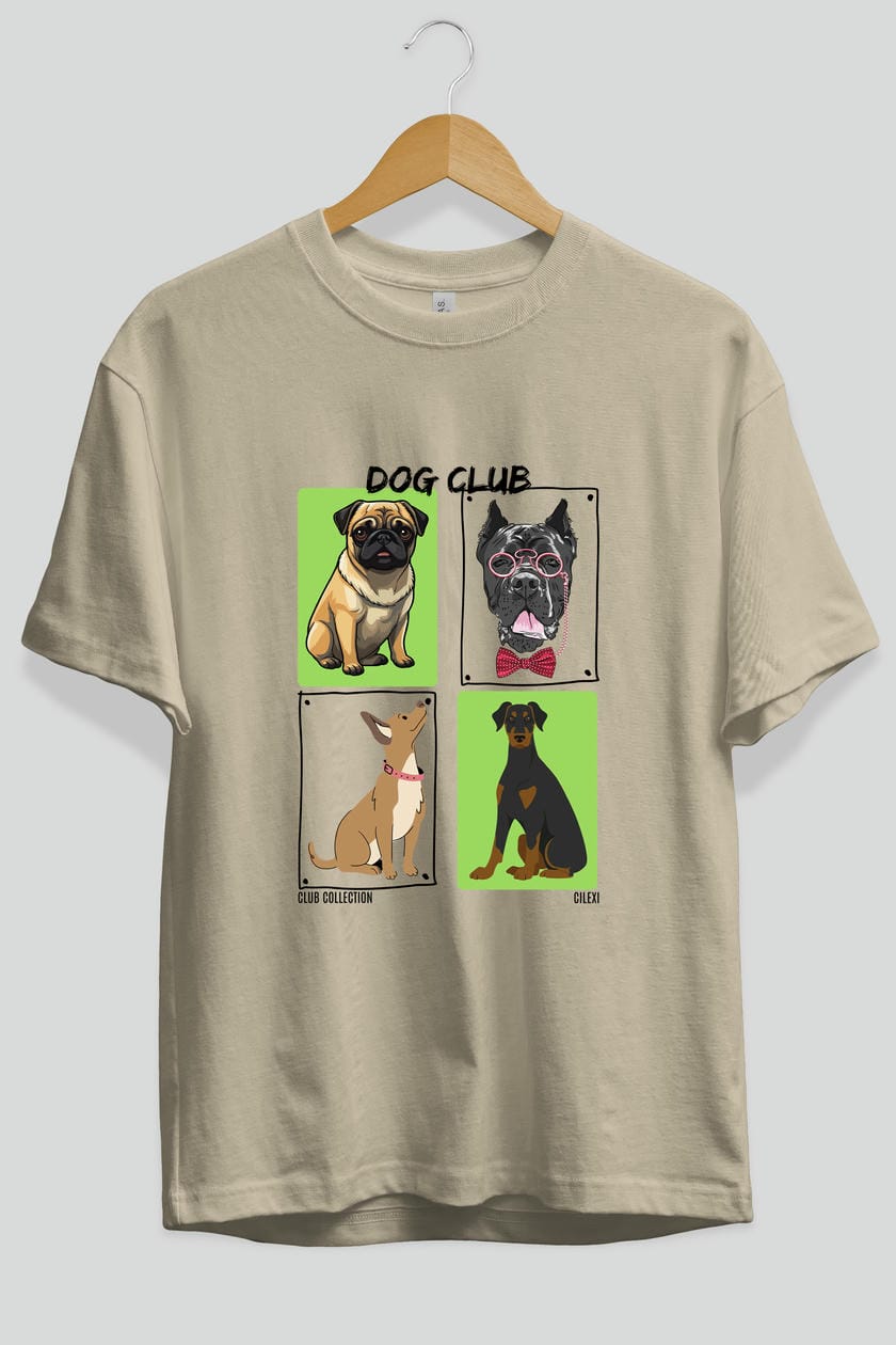 Dog Club ön Baskılı Oversize t-shirt Erkek Kadın %100 Pamuk Bisiklet Yaka tişort