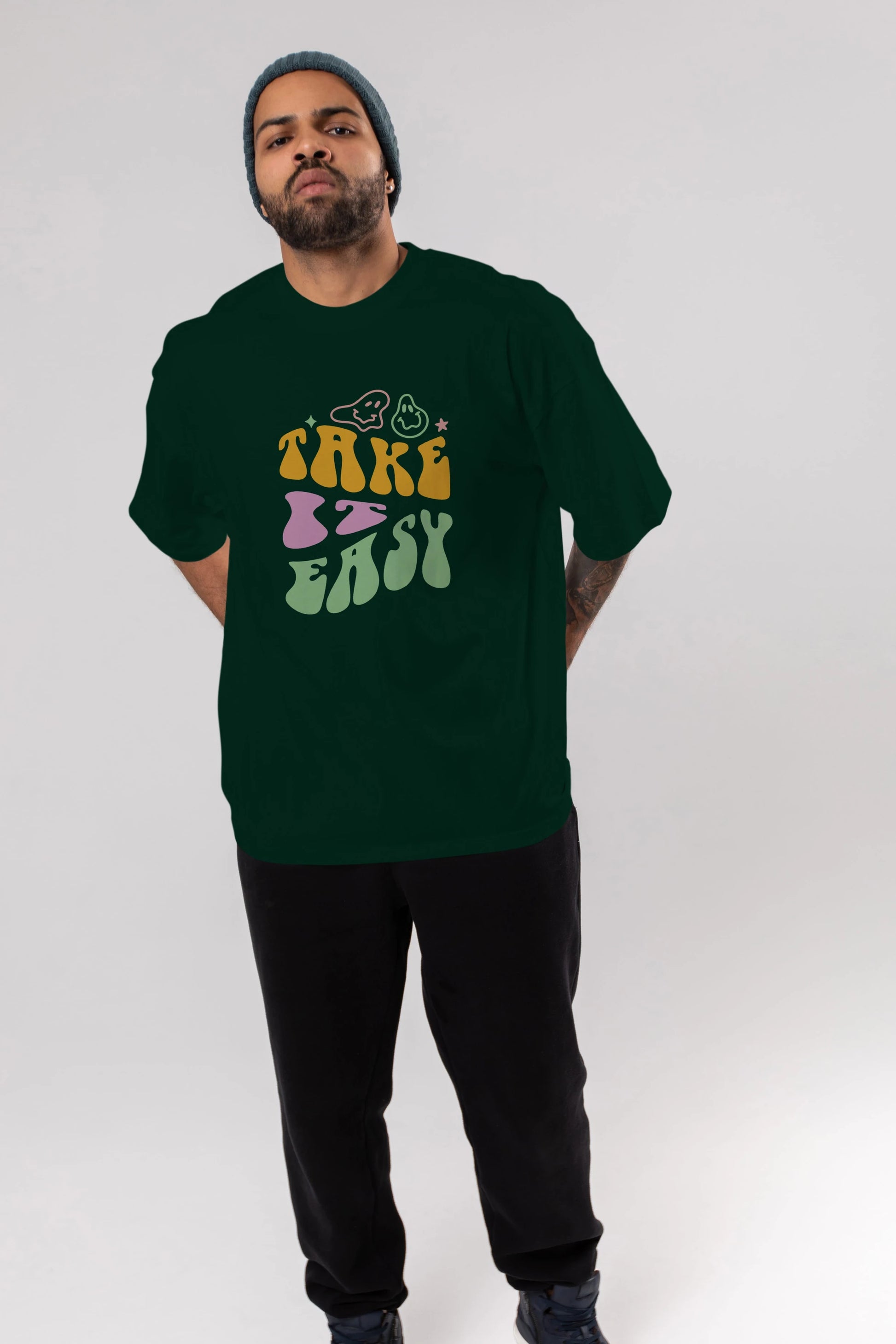 Take it Easy Yazılı Ön Baskılı Oversize t-shirt Erkek Kadın Unisex