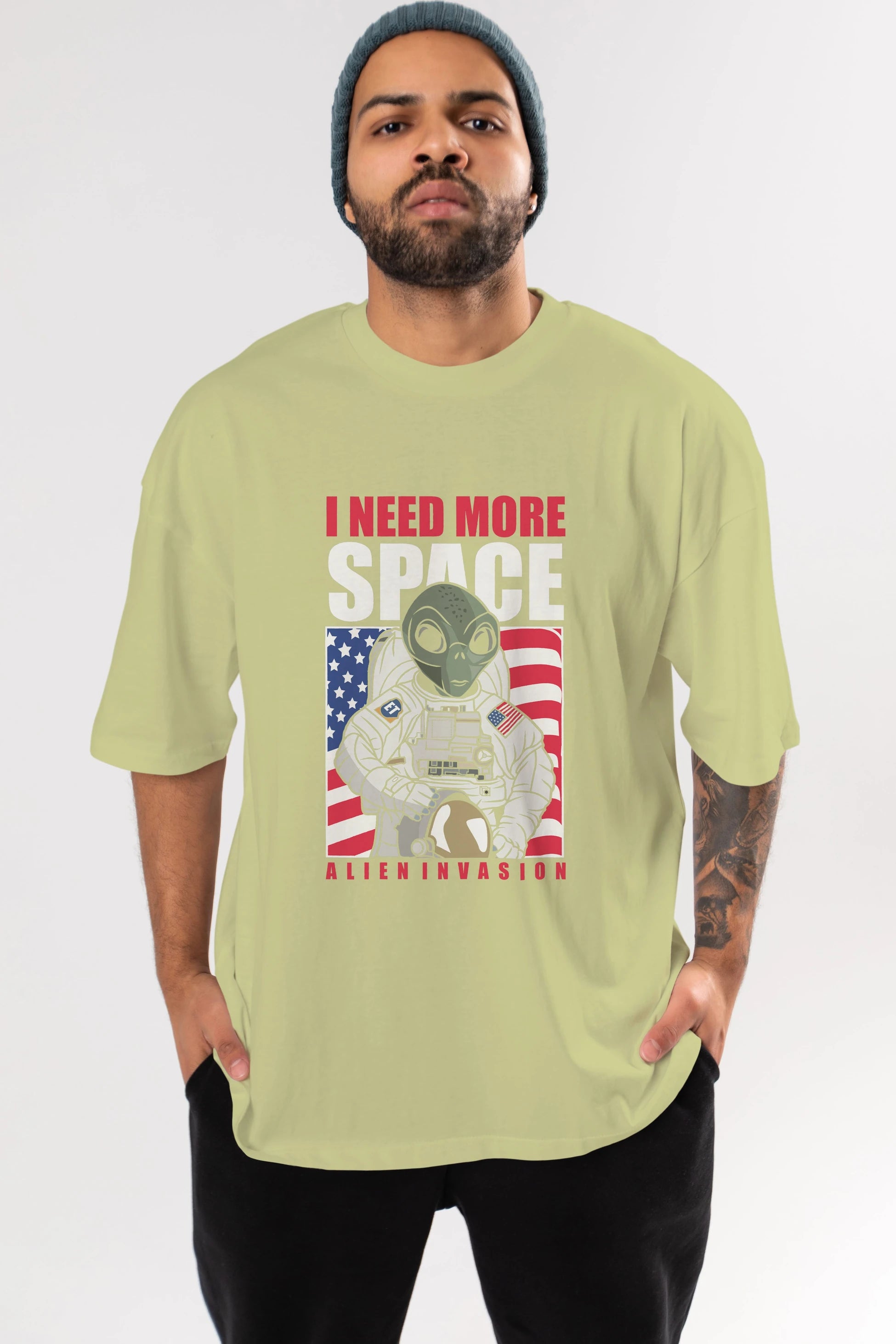 Alien Astronaut Ön Baskılı Oversize t-shirt Erkek Kadın Unisex %100 Pamuk tişort
