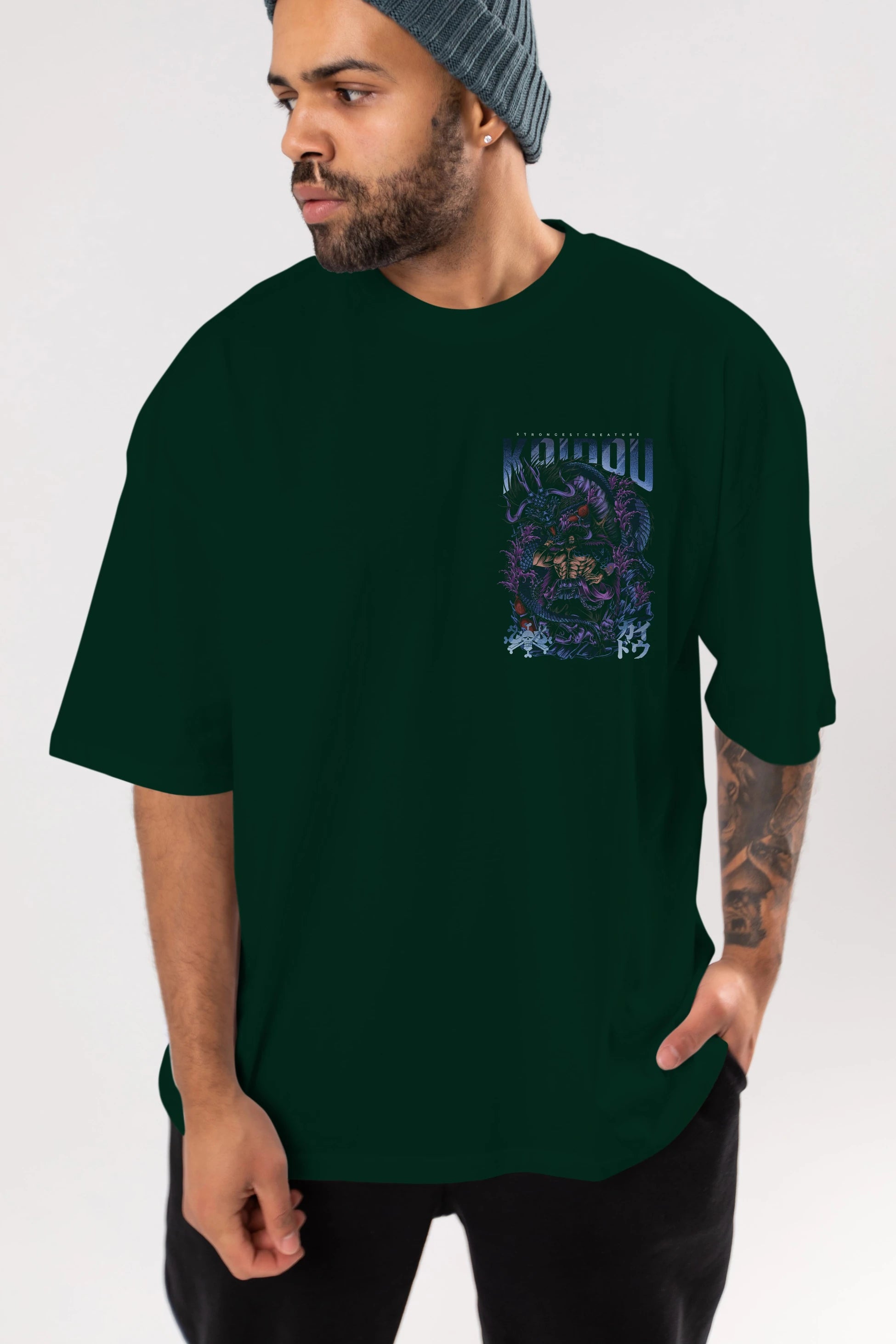 KAIDOU ONE PIECE Ön Sol Baskılı Oversize t-shirt Erkek Kadın Unisex %100 Pamuk Bisiklet Yaka tişort