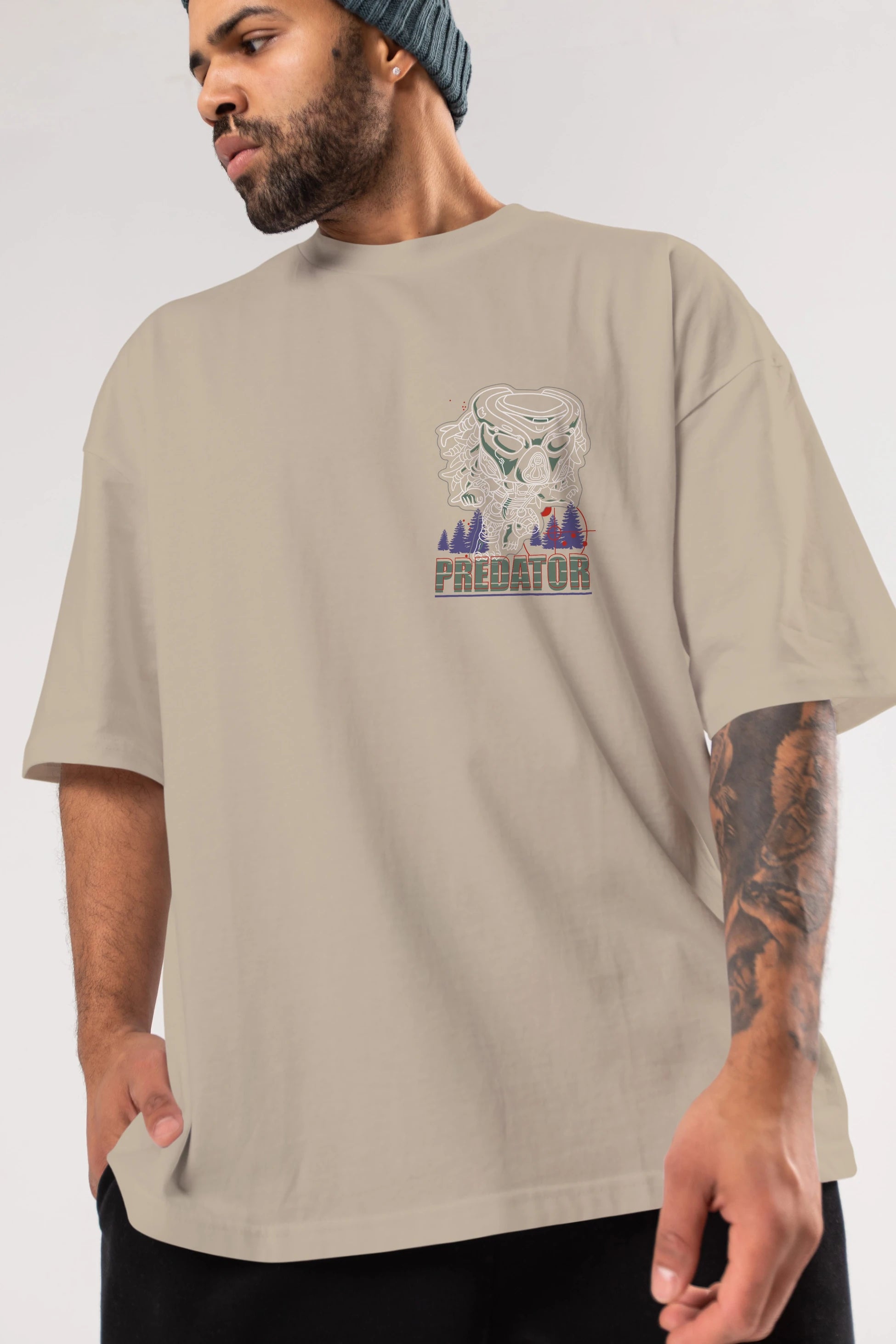 Predator Ön Sol Baskılı Oversize t-shirt Erkek Kadın Unisex %100 Pamuk Bisiklet Yaka tişort