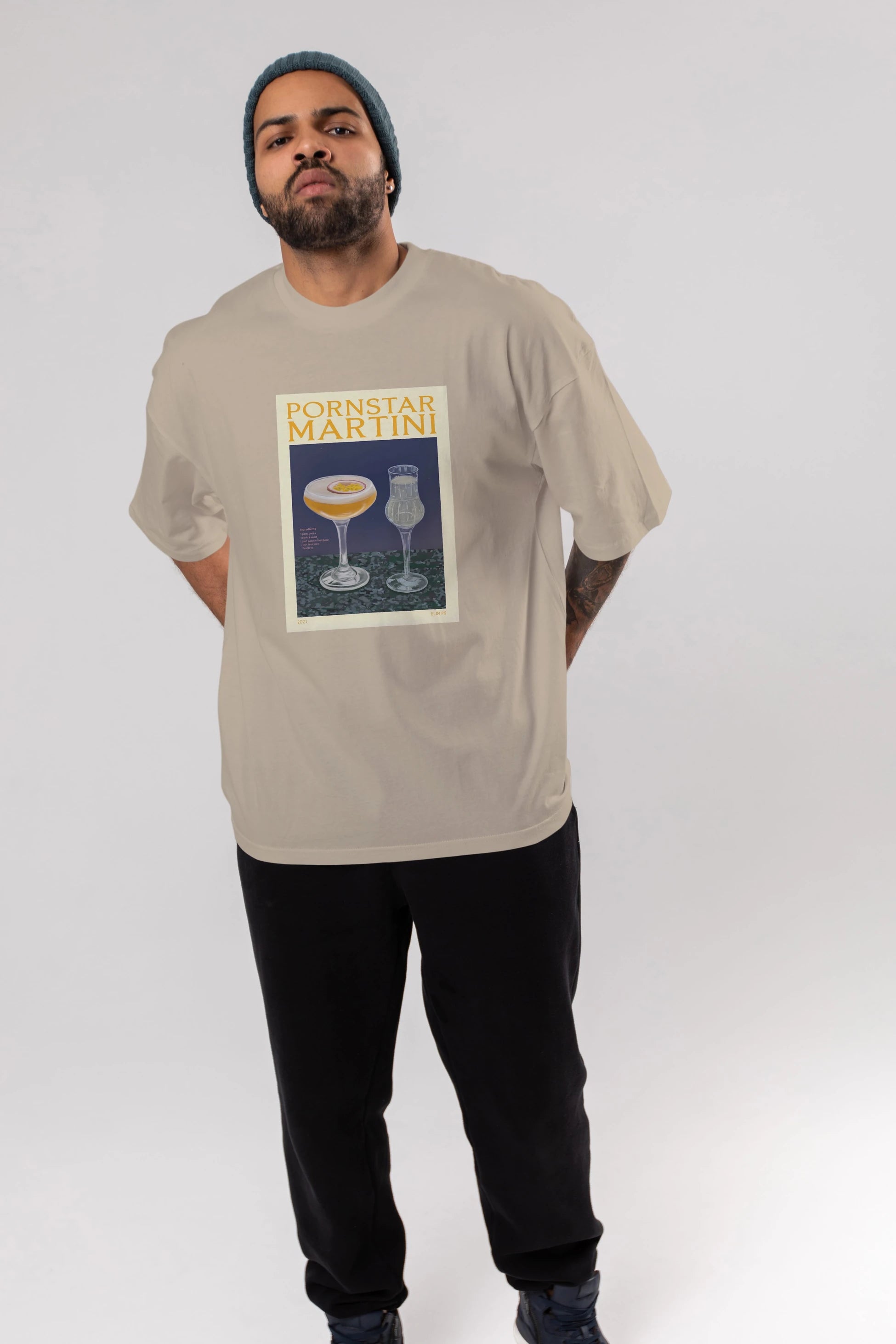 P.rnstar Martini Ön Baskılı Oversize t-shirt Erkek Kadın Unisex %100 Pamuk Bisiklet Yaka tişort