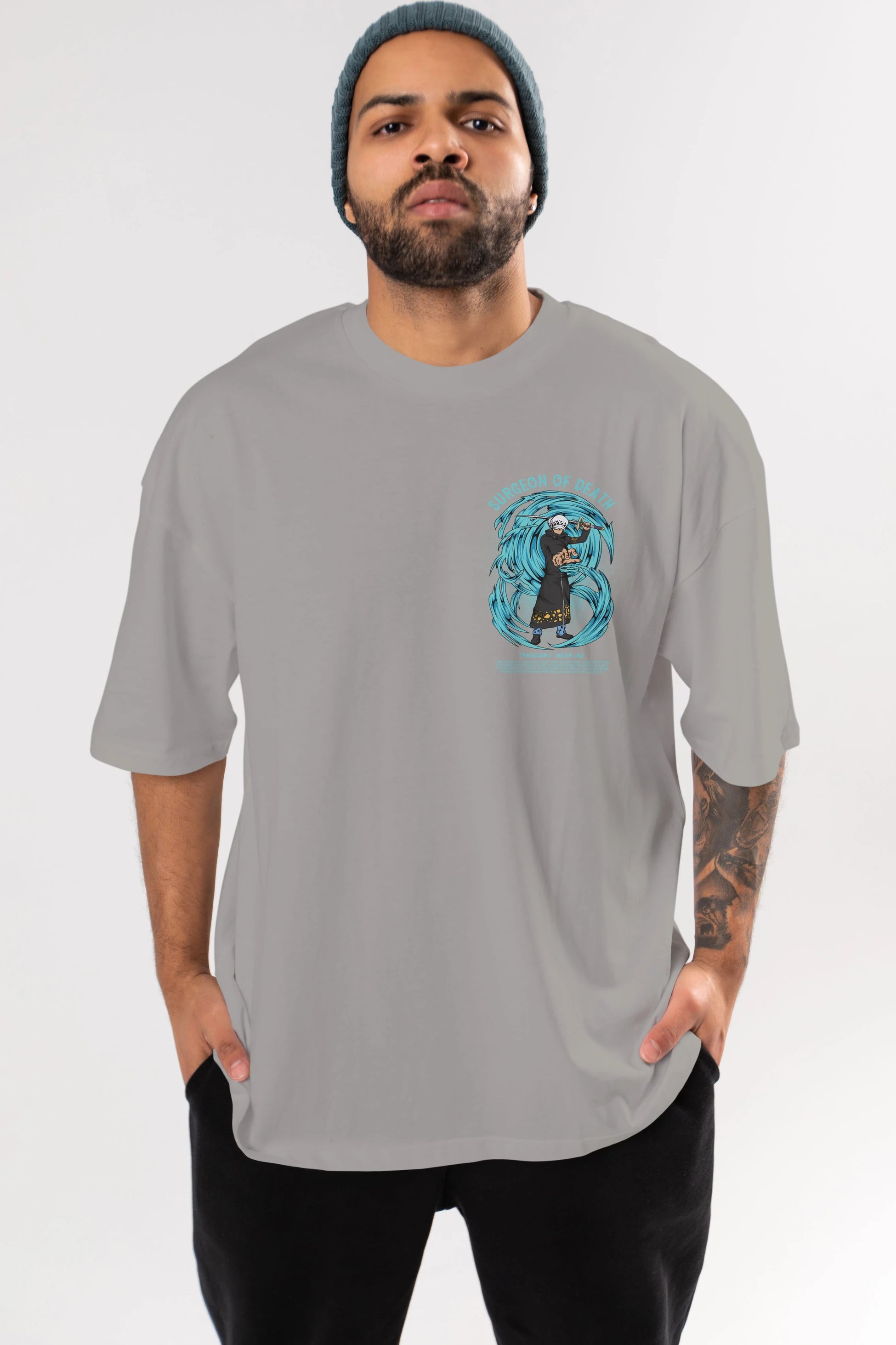 Trafalgad D. Water Law Ön Sol Baskılı Oversize t-shirt Erkek Kadın Unisex %100 Pamuk Bisiklet Yaka tişort