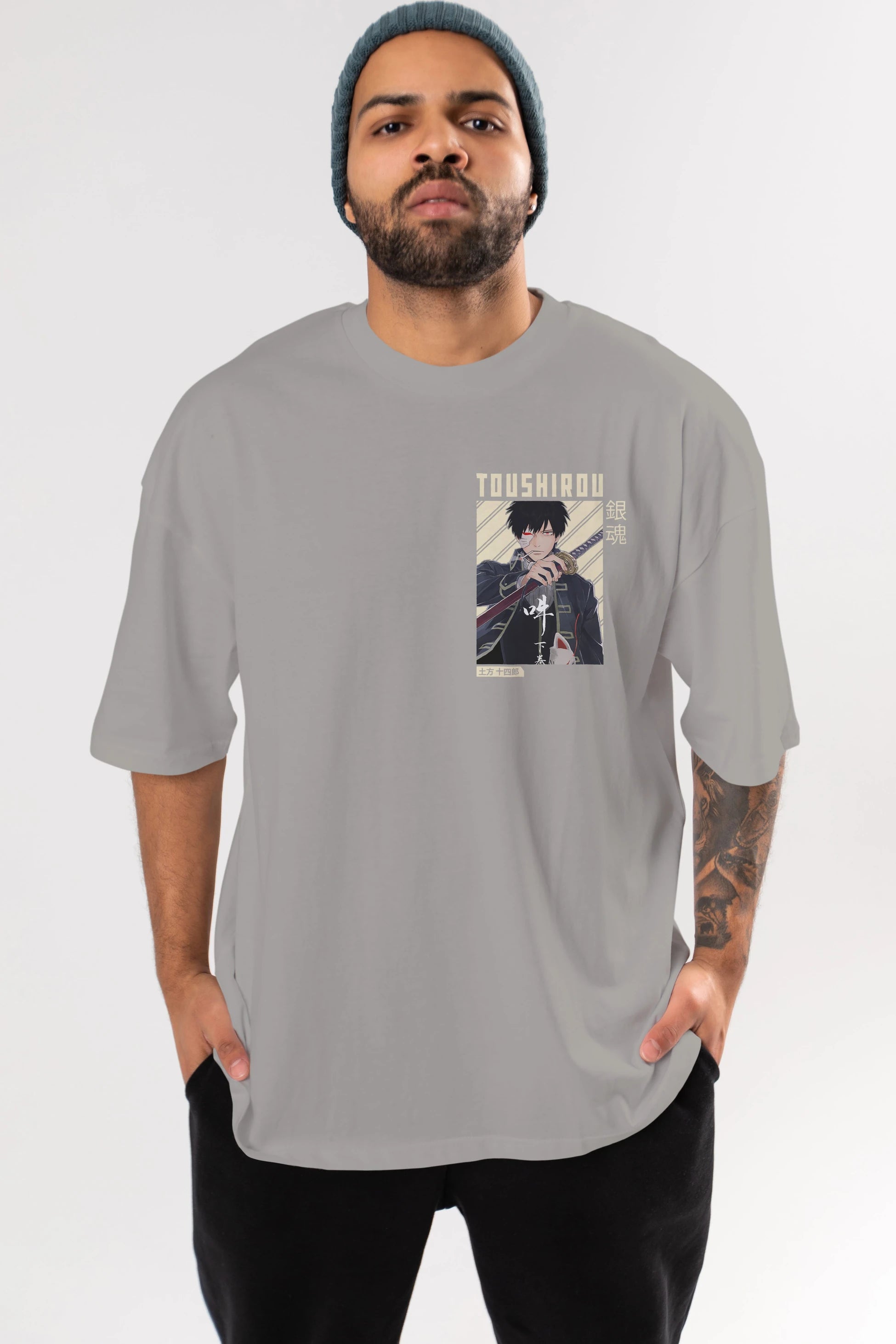 Toushirou Hijikata Ön Sol Baskılı Oversize t-shirt Erkek Kadın Unisex %100 Pamuk Bisiklet Yaka tişort