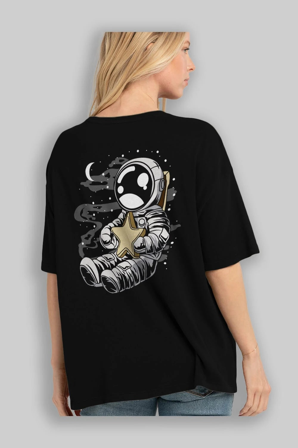 Astronaut Holding The Star Arka Baskılı Oversize t-shirt Erkek Kadın Unisex
