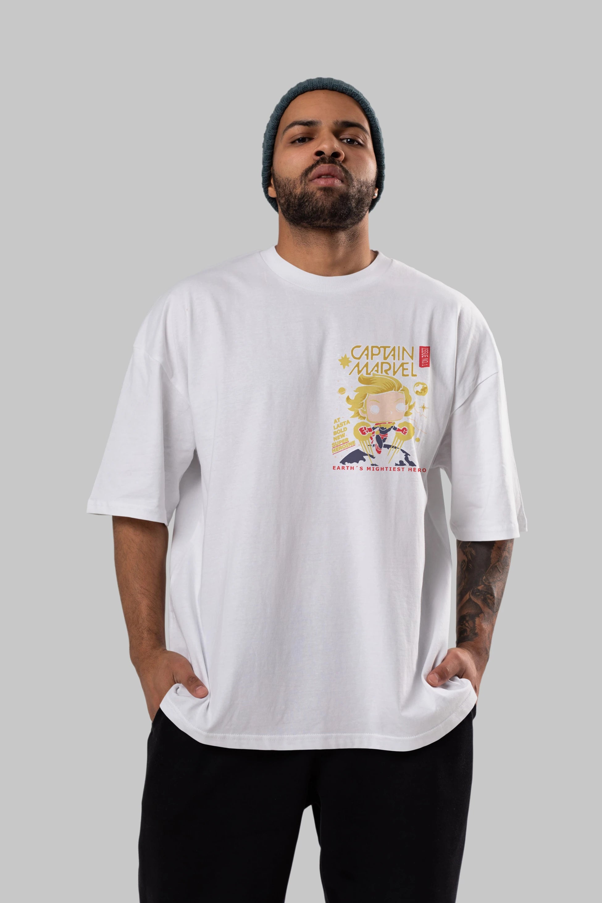 Captain Marvel Ön Sol Baskılı Oversize t-shirt Erkek Kadın Unisex %100 Pamuk Bisiklet Yaka tişort