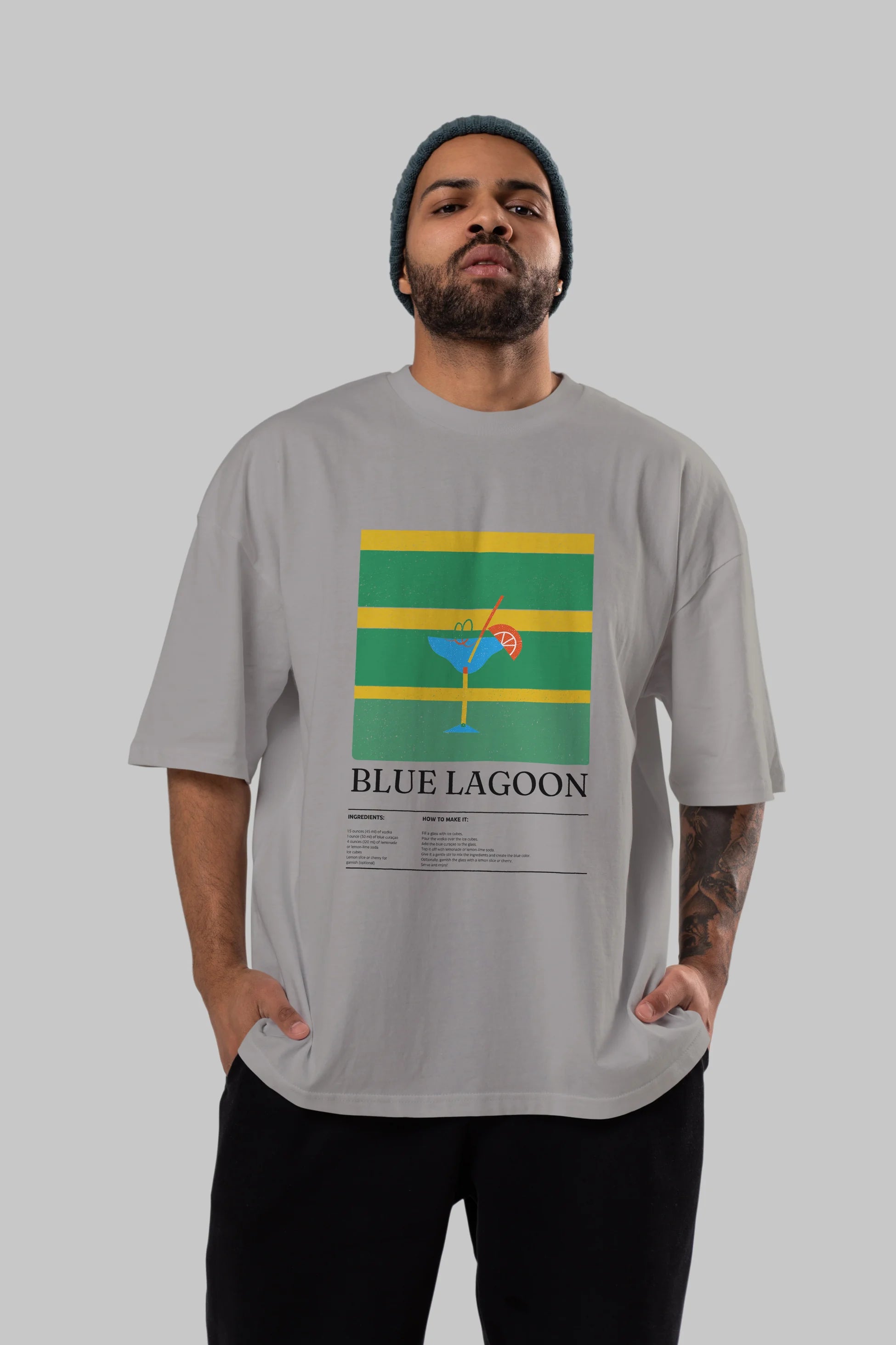 Blue Lagoon Kokteyl Ön Baskılı Oversize t-shirt Erkek Kadın %100 Pamuk Bisiklet Yaka tişort