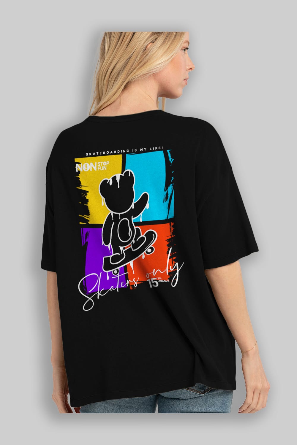 Skaters Only Bear Arka Baskılı Oversize t-shirt Erkek Kadın Unisex