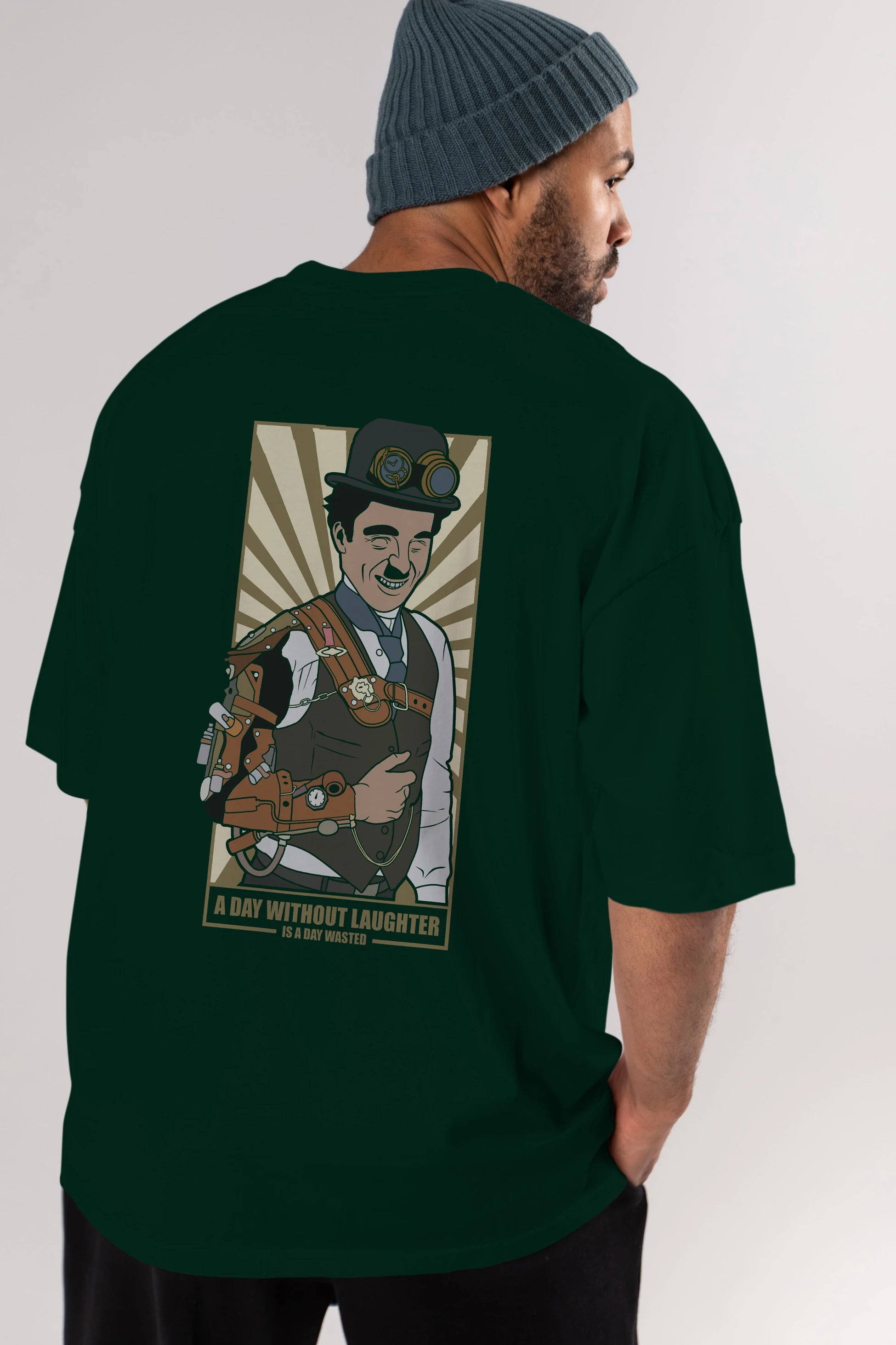 Steampunk Chaplin Arka Baskılı Oversize t-shirt Erkek Kadın Unisex %100 Pamuk tişort