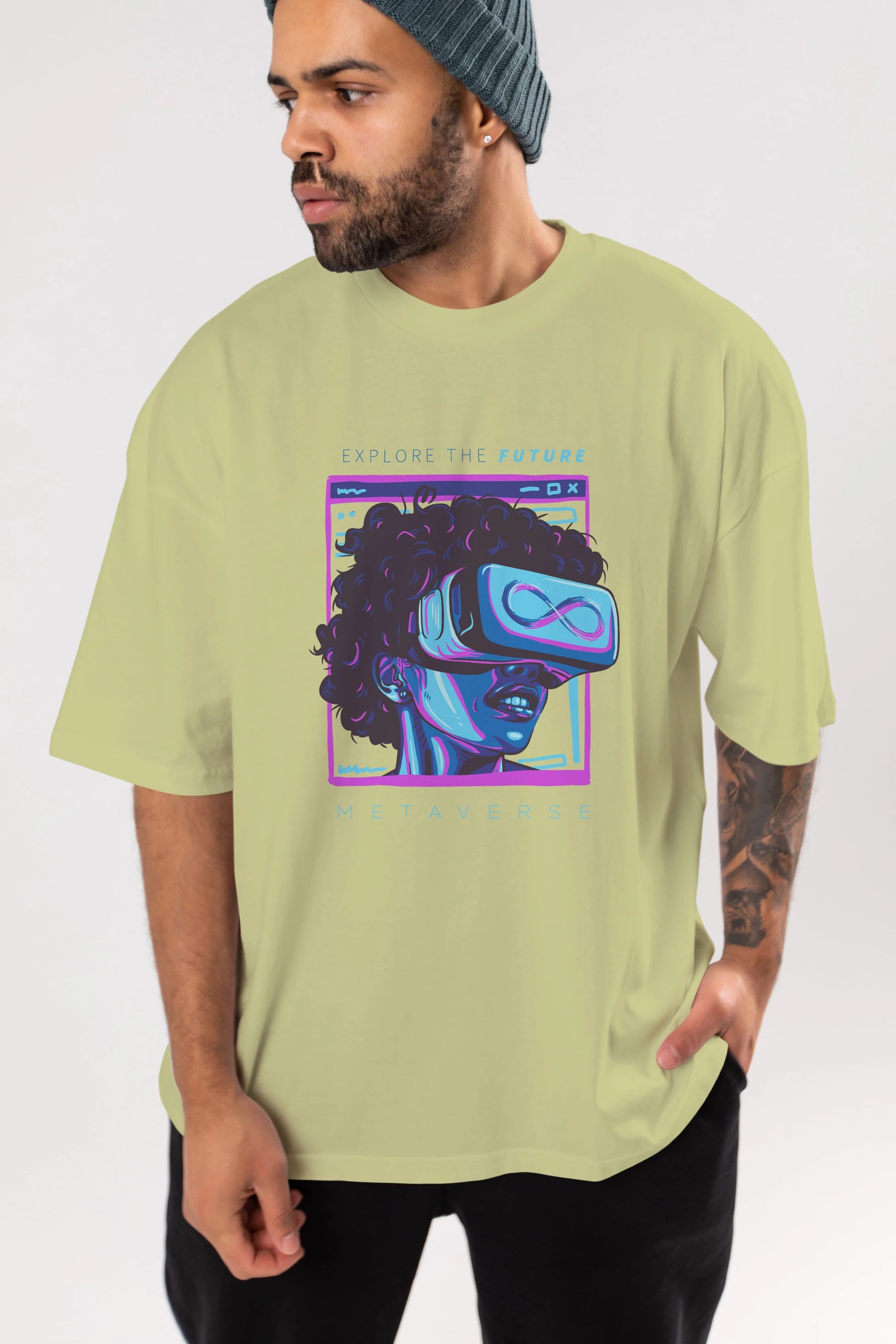 Metaverse Ön Baskılı Oversize t-shirt Erkek Kadın Unisex