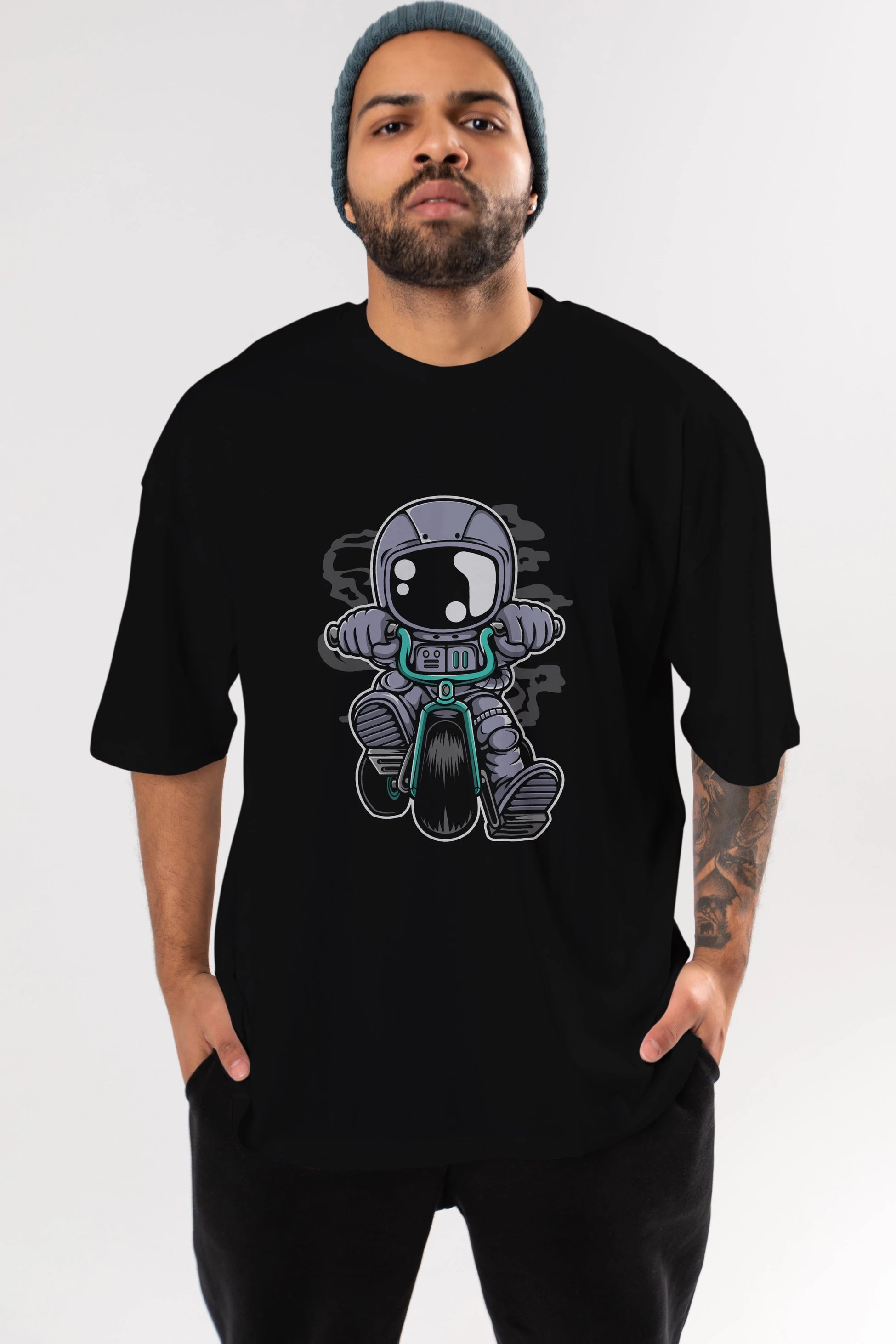 Astronaut Biker Ön Baskılı Oversize t-shirt Erkek Kadın Unisex