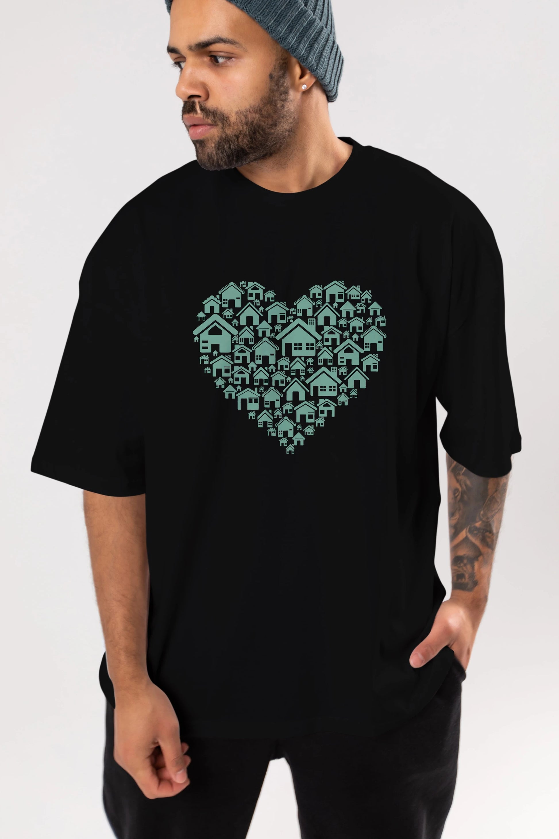 Home Heart Ön Baskılı Oversize t-shirt %100 pamuk Erkek Kadın Unisex