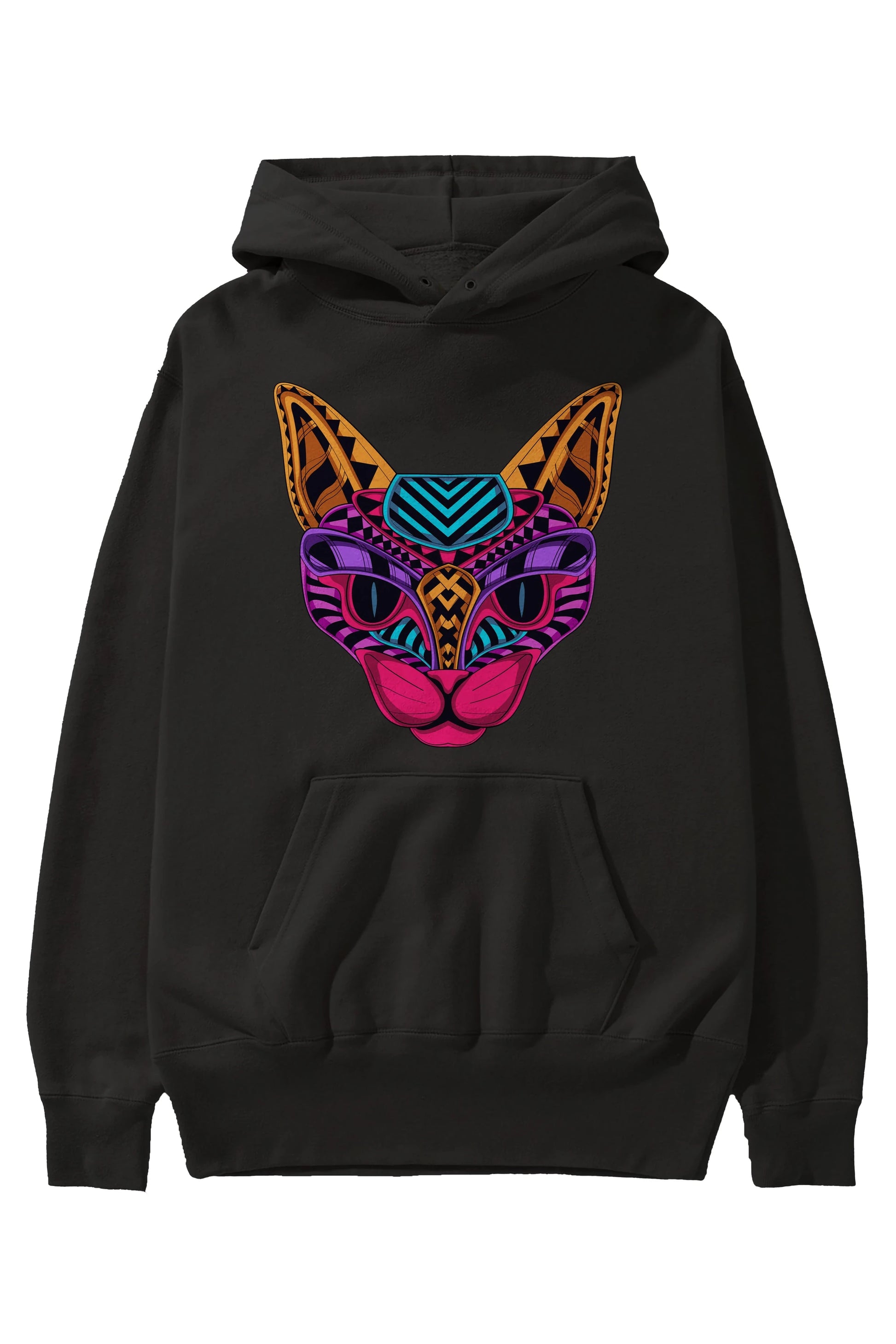 Black Neon Cat Ön Baskılı Oversize Hoodie Kapüşonlu Sweatshirt Erkek Kadın Unisex