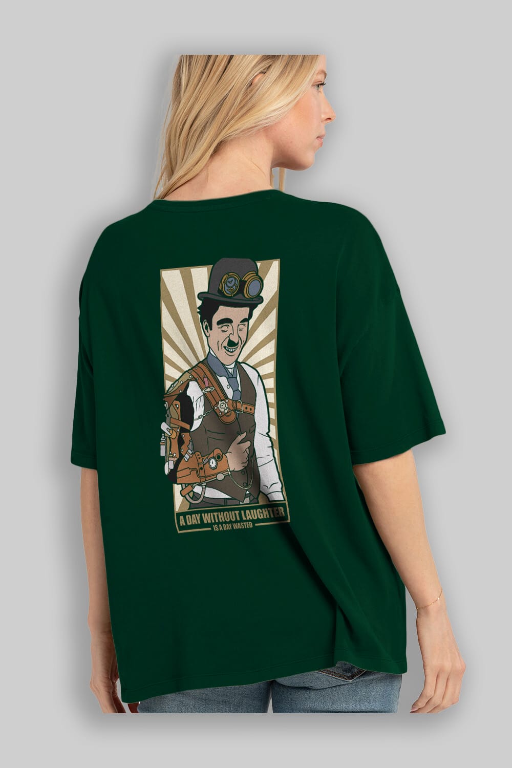 Steampunk Chaplin Arka Baskılı Oversize t-shirt Erkek Kadın Unisex %100 Pamuk tişort