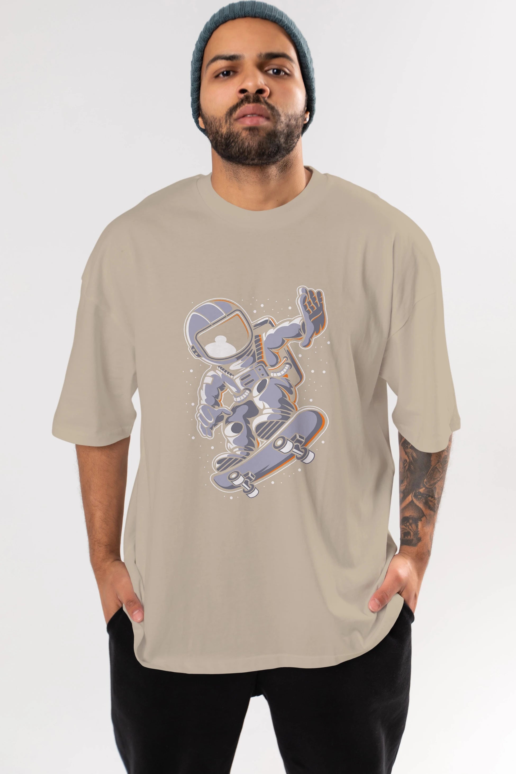 Astronaut Skateboard Ön Baskılı Oversize t-shirt Erkek Kadın Unisex