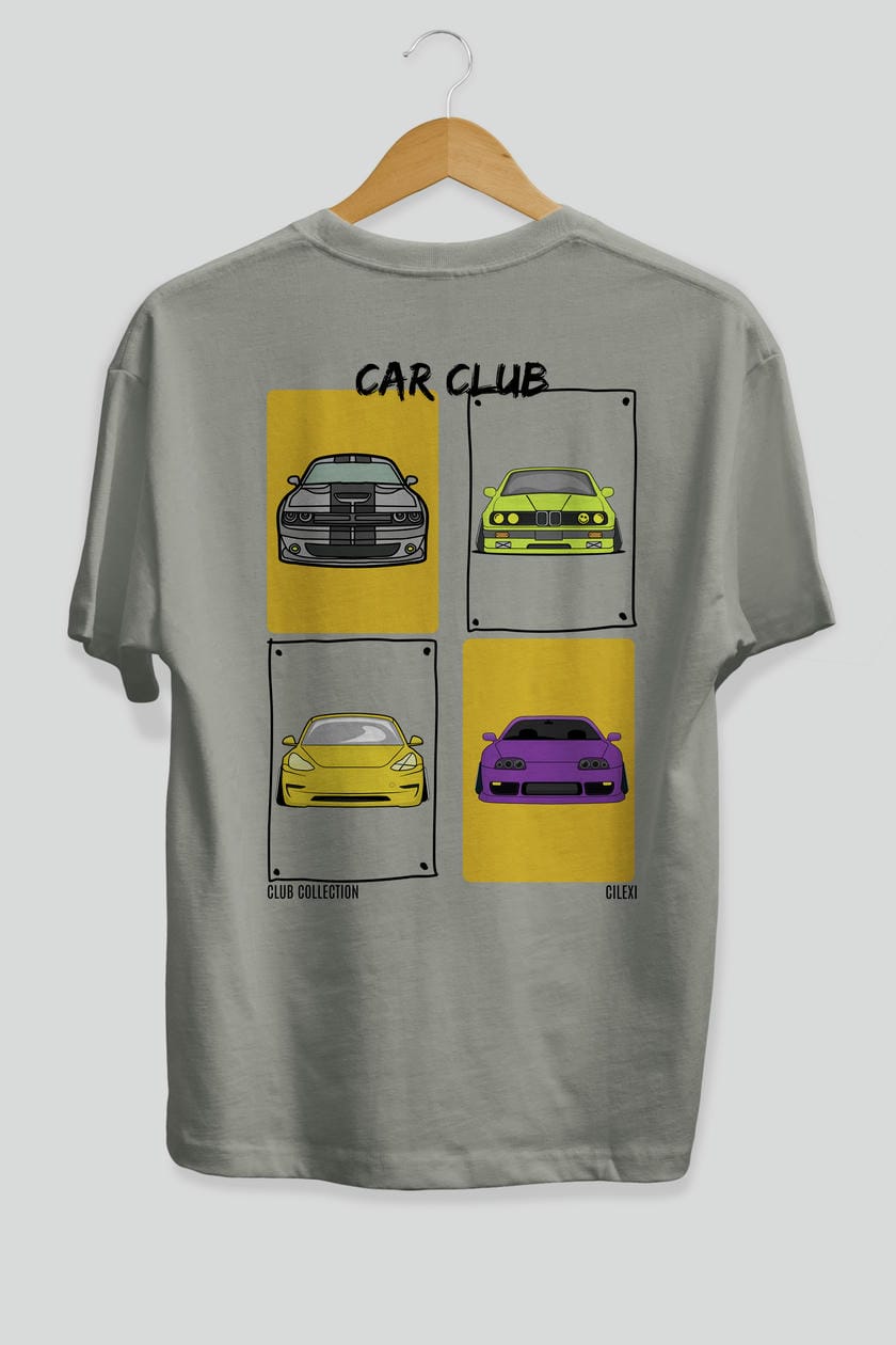 Car Club Arka Baskılı Oversize t-shirt Erkek Kadın %100 Pamuk Bisiklet Yaka tişort