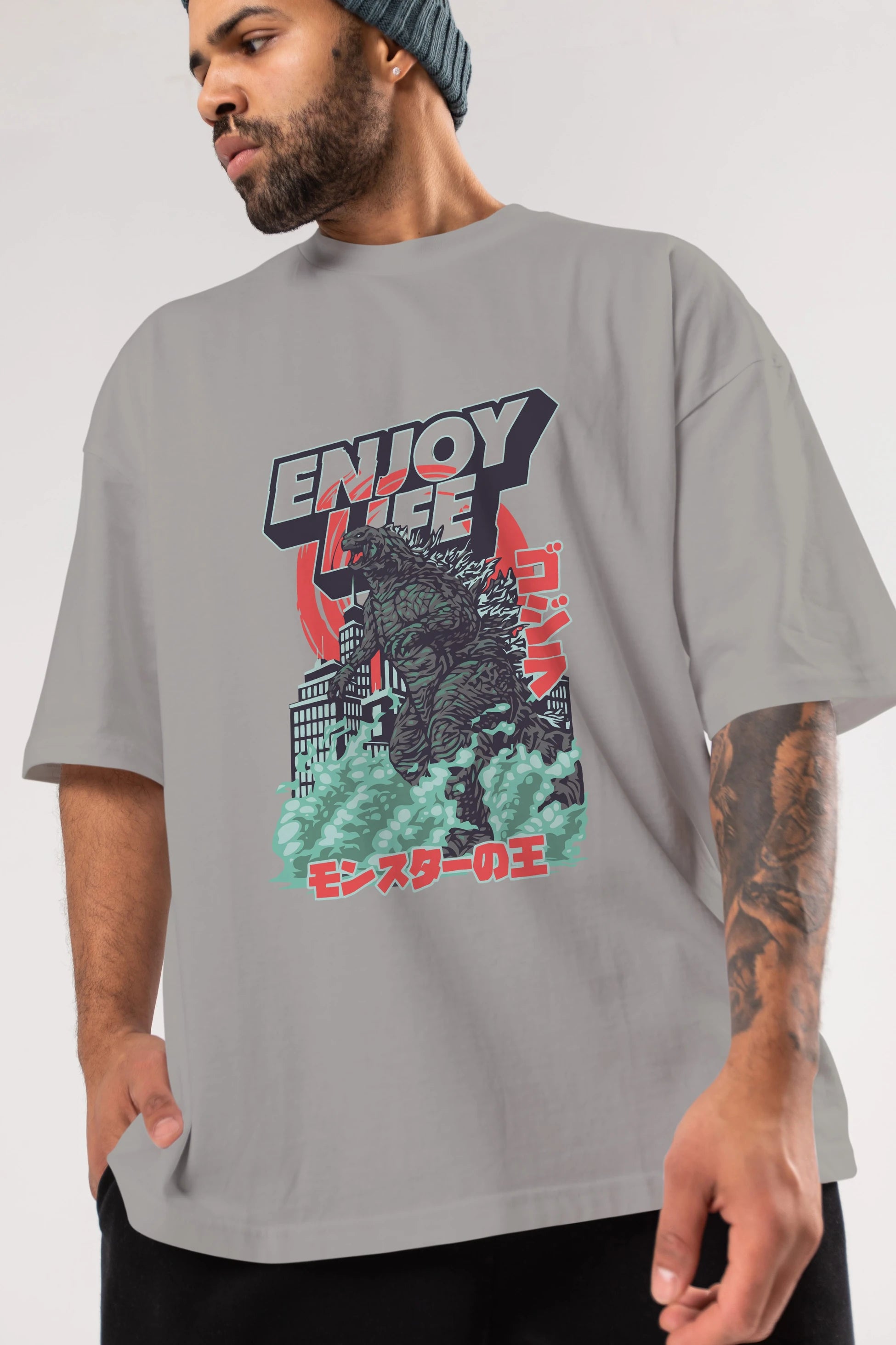 Godzilla Ön Baskılı Oversize t-shirt Erkek Kadın Unisex %100 Pamuk Bisiklet Yaka tişort