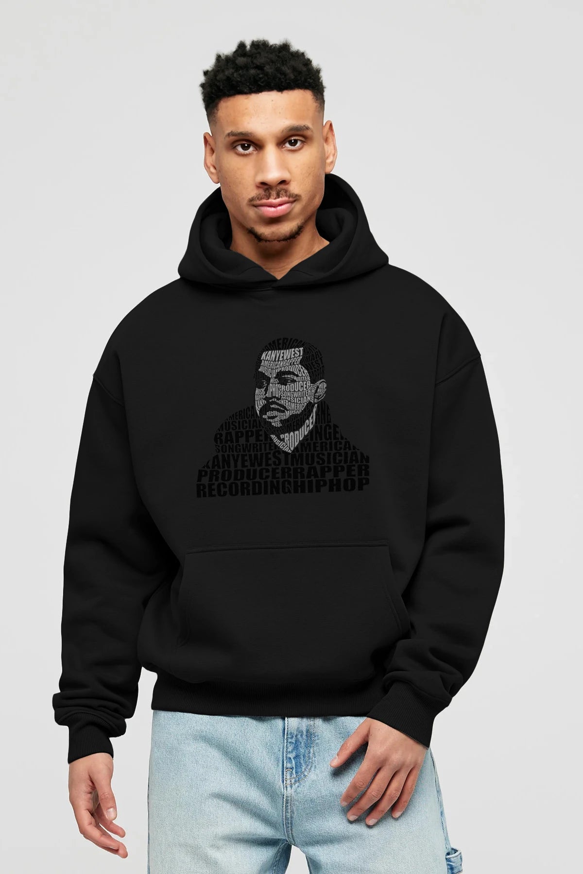 Kanye West Calligram Ön Baskılı Hoodie Oversize Kapüşonlu Sweatshirt Erkek Kadın Unisex