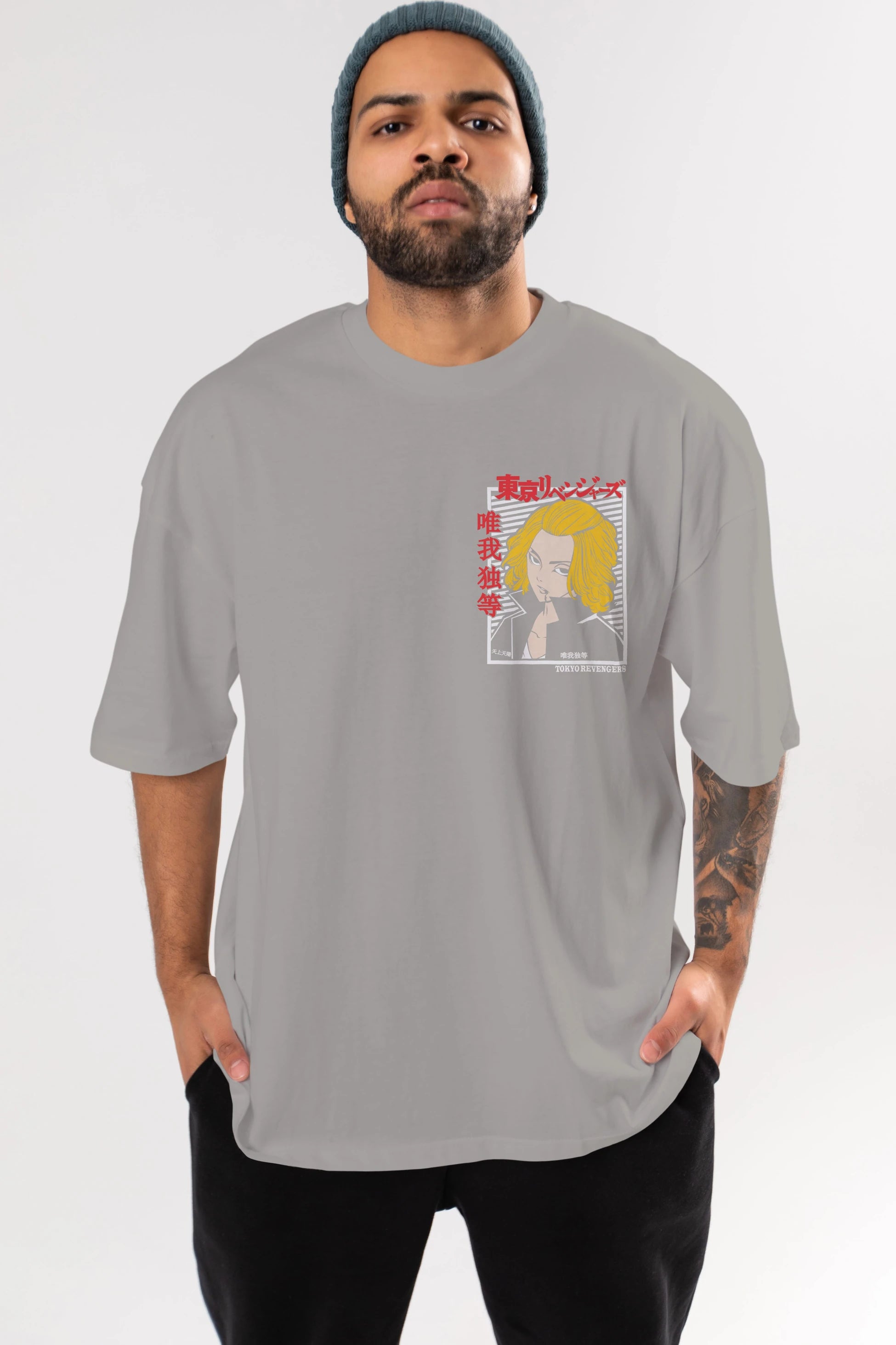 TokyoRev. M Ön Sol Baskılı Oversize t-shirt Erkek Kadın Unisex %100 Pamuk Bisiklet Yaka tişort