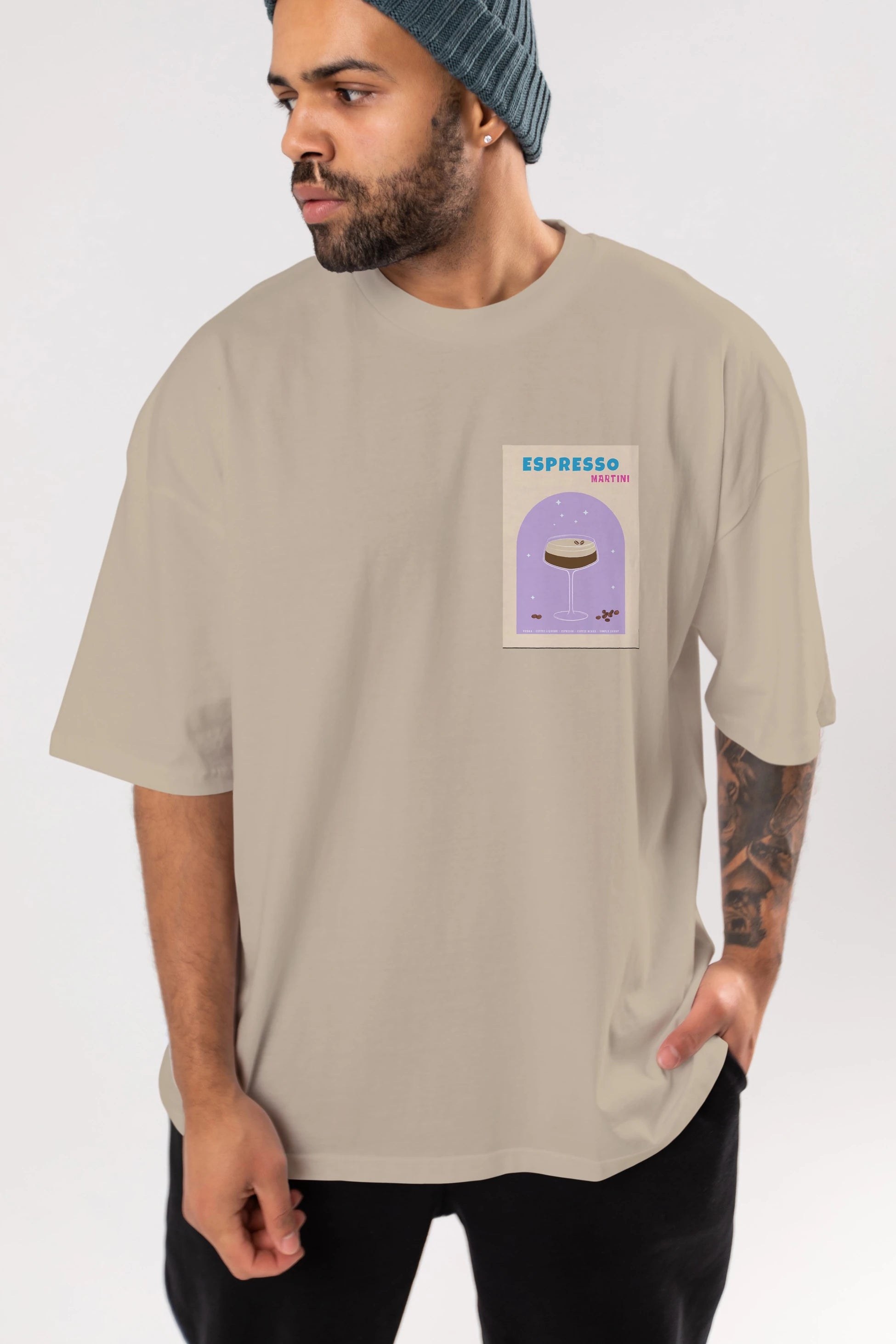 Espresso Martini 5 Ön Sol Baskılı Oversize t-shirt Erkek Kadın Unisex %100 Pamuk Bisiklet Yaka tişort