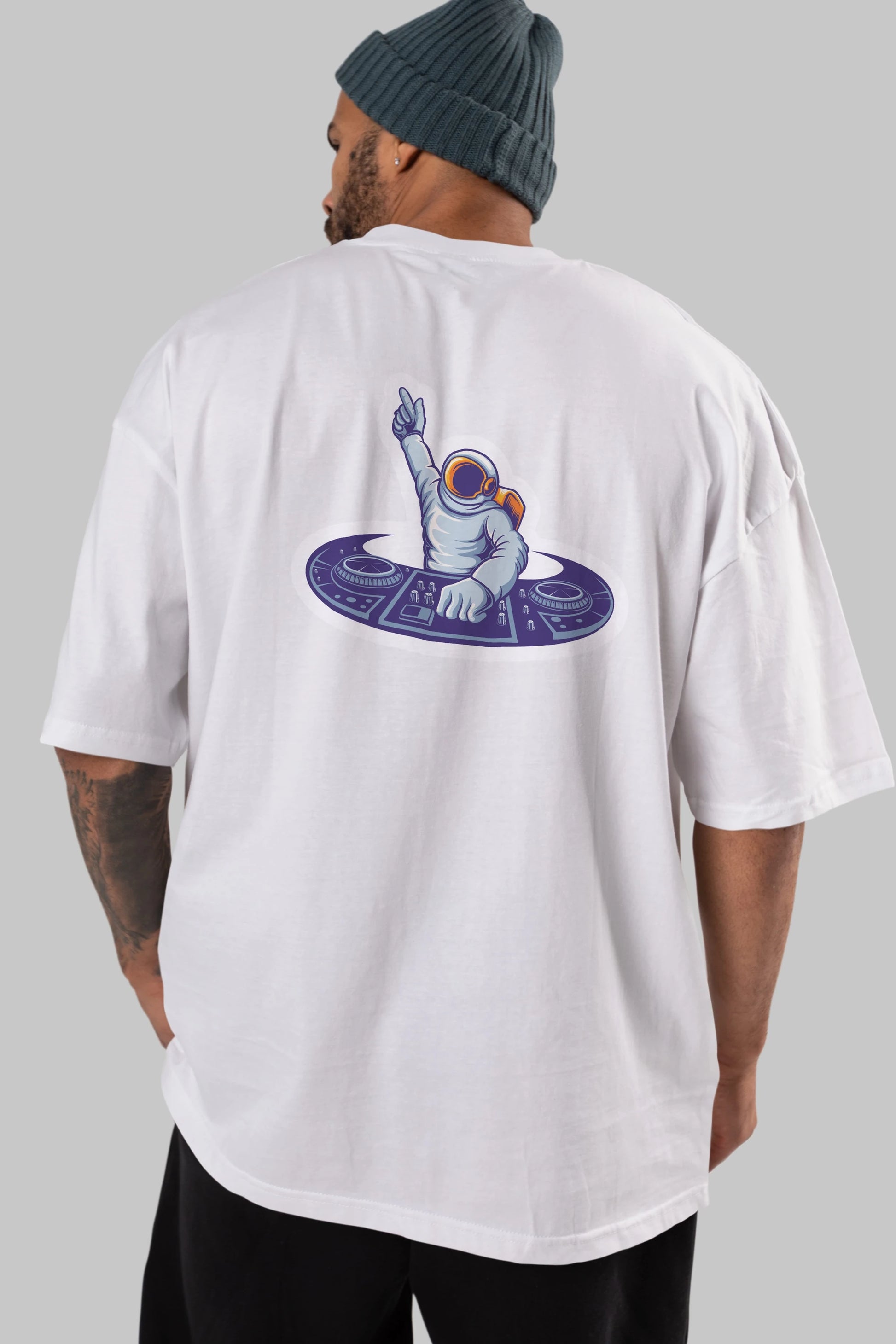 Astronaut Disk Jockey Party Sticker Arka Baskılı Oversize t-shirt Erkek Kadın Unisex