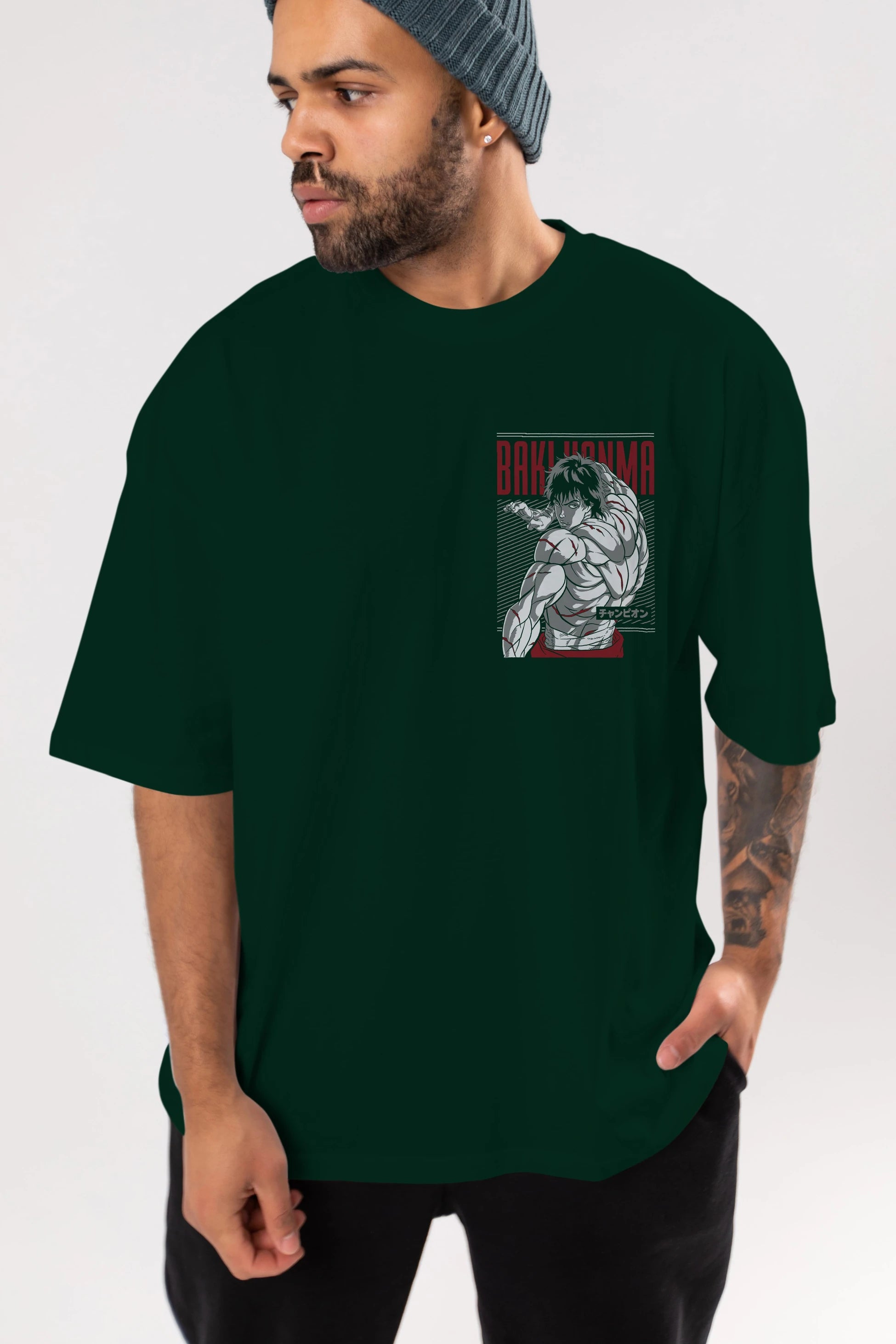 BAKI HANMA Ön Sol Baskılı Oversize t-shirt Erkek Kadın Unisex %100 Pamuk Bisiklet Yaka tişort
