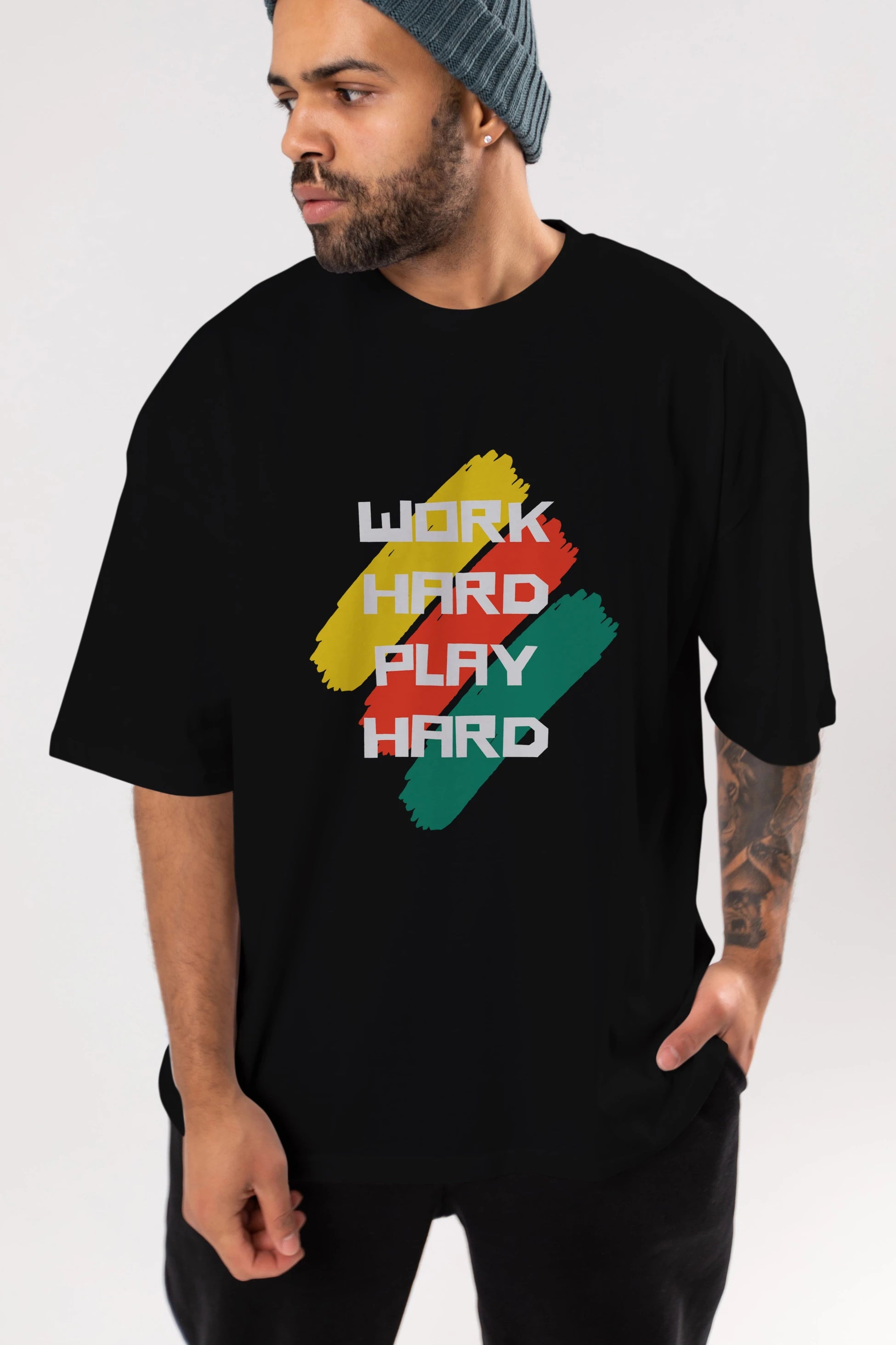Work Hard Play Hard 2 Ön Baskılı Oversize t-shirt Erkek Kadın Unisex