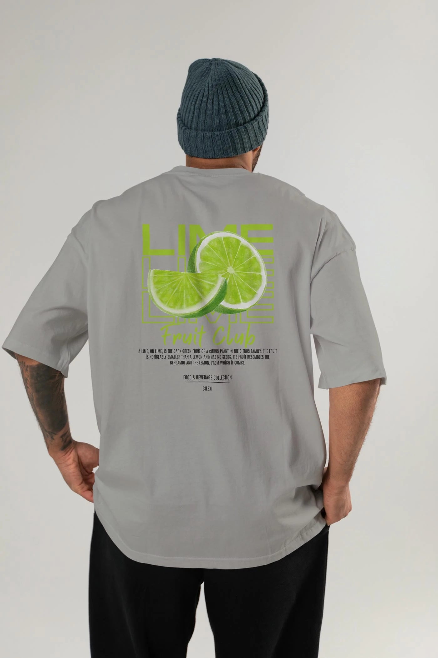 Lime Arka Baskılı Oversize t-shirt Erkek Kadın Pamuk Bisiklet Yaka tişort
